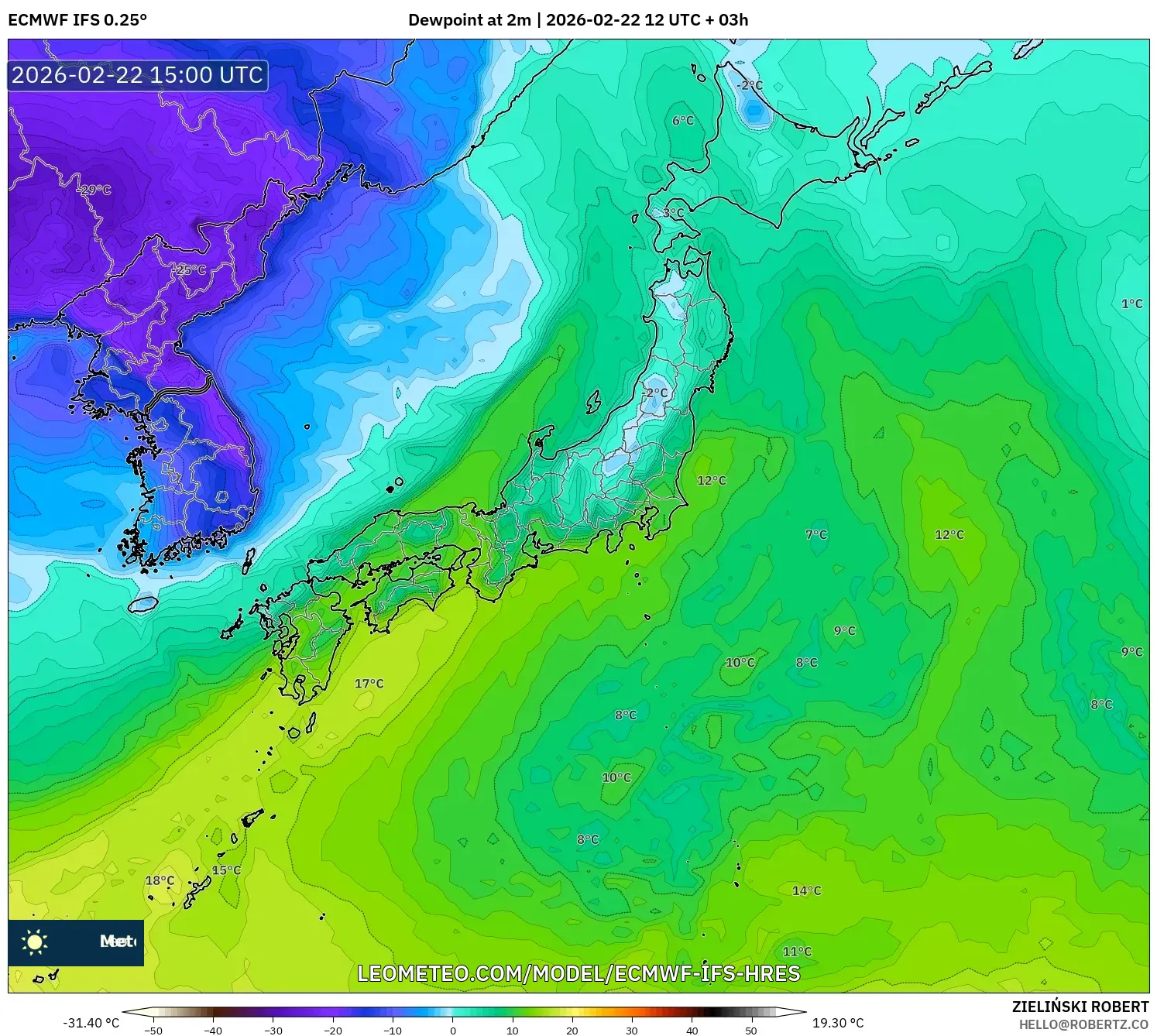 ECMWF IFS 0.25° model - اليابان, نقطة الندى 2 م