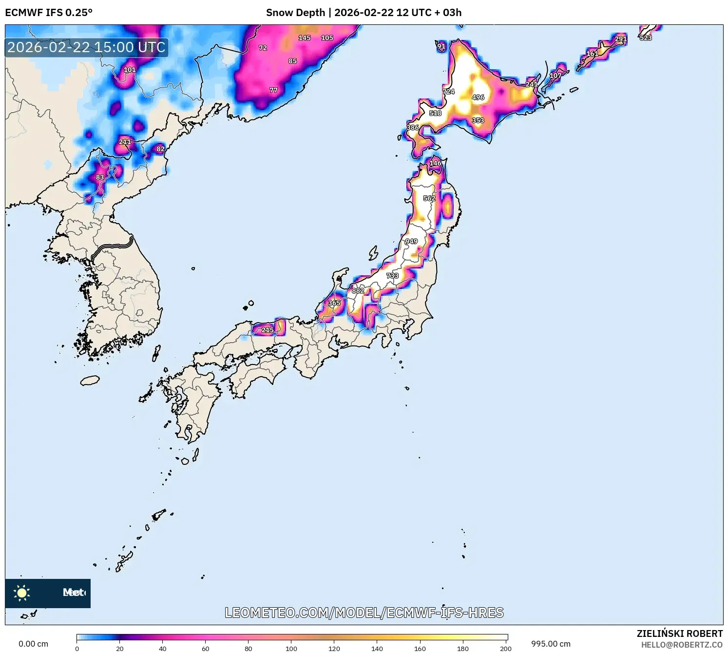 ECMWF IFS 0.25° model - اليابان, عمق الثلج