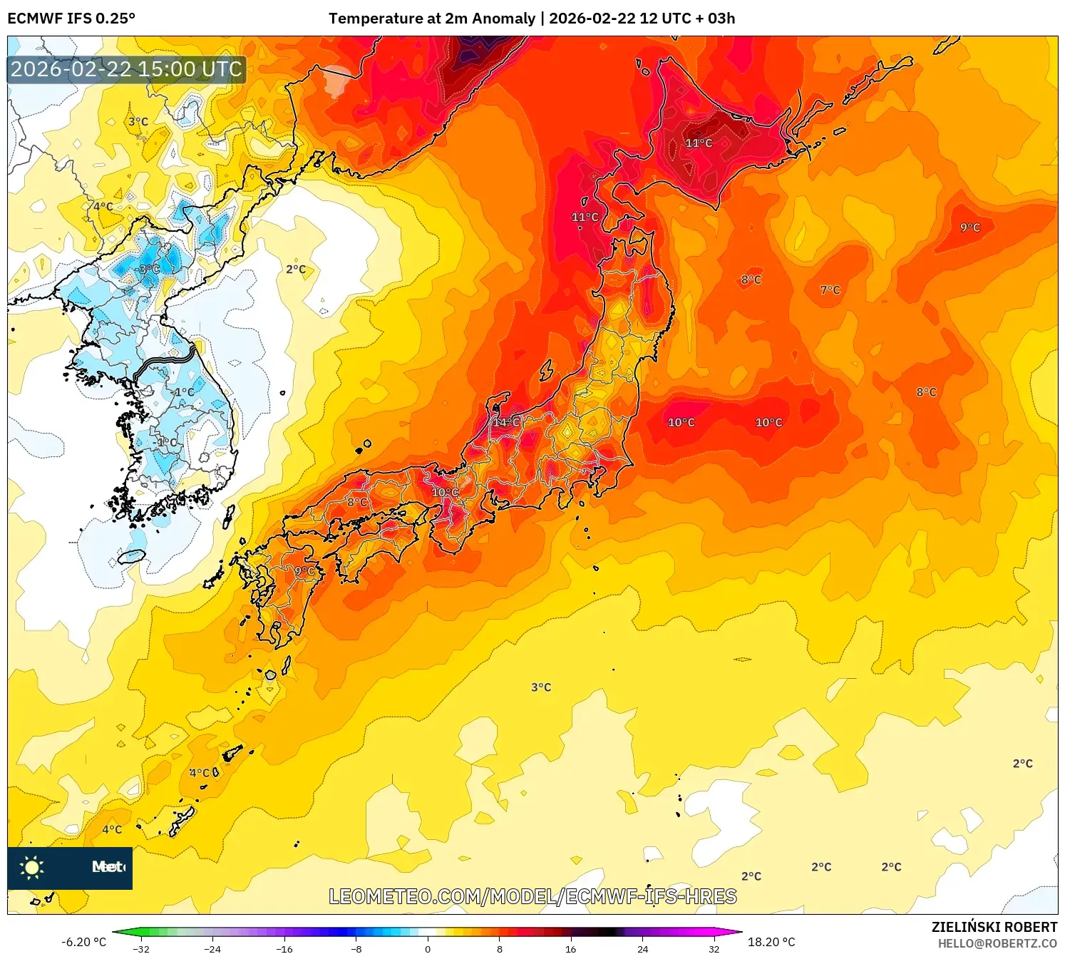 ECMWF IFS 0.25° model - اليابان, انحراف درجة الحرارة 2 م