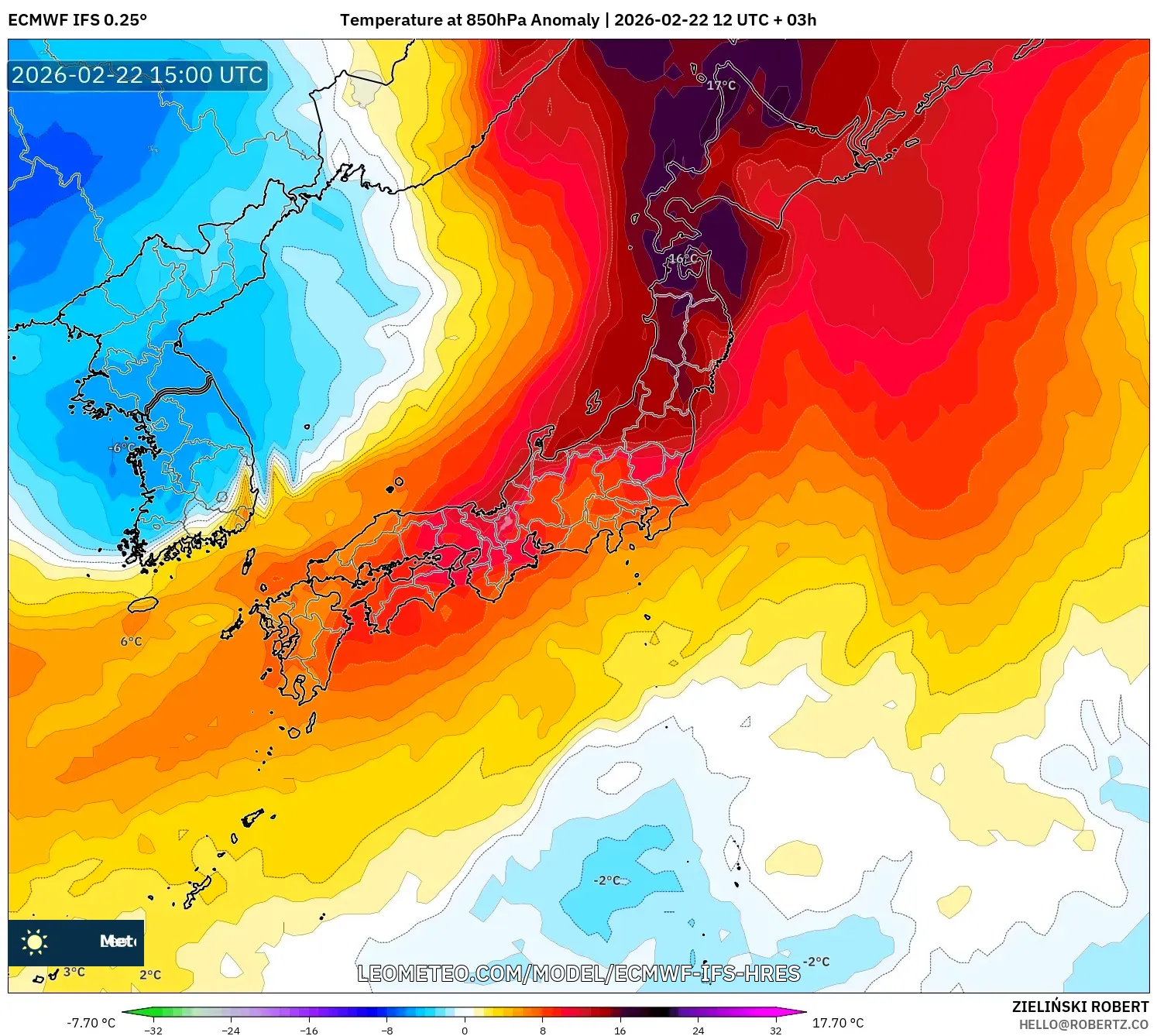 ECMWF IFS 0.25° model - اليابان, انحراف درجة الحرارة 850 hPa