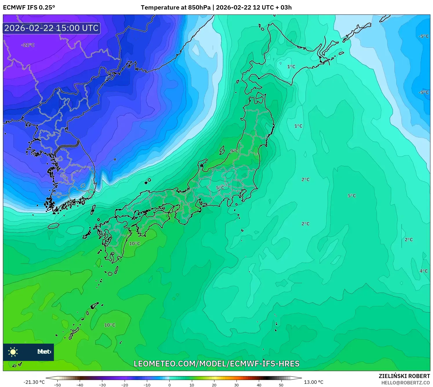 ECMWF IFS 0.25° model - اليابان, درجة الحرارة 850 hPa