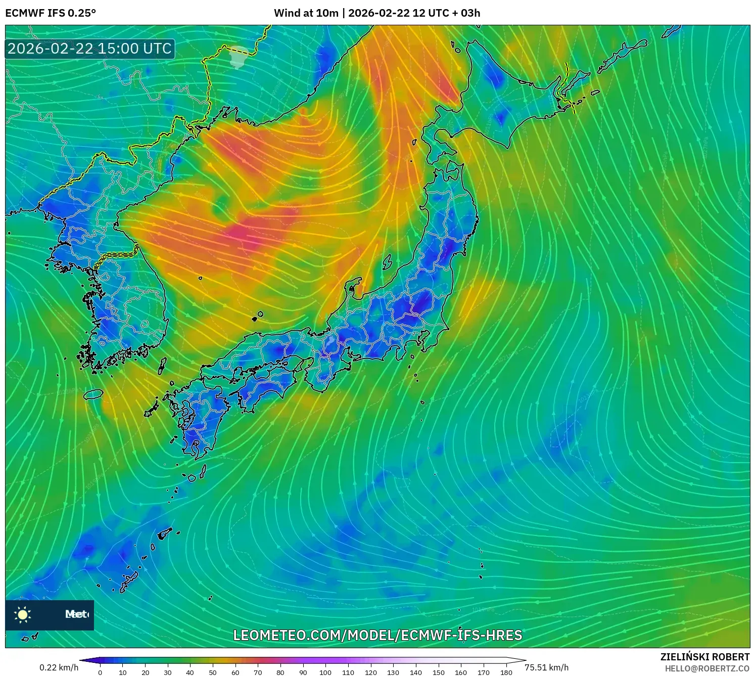 ECMWF IFS 0.25° model - اليابان, رياح 10 م