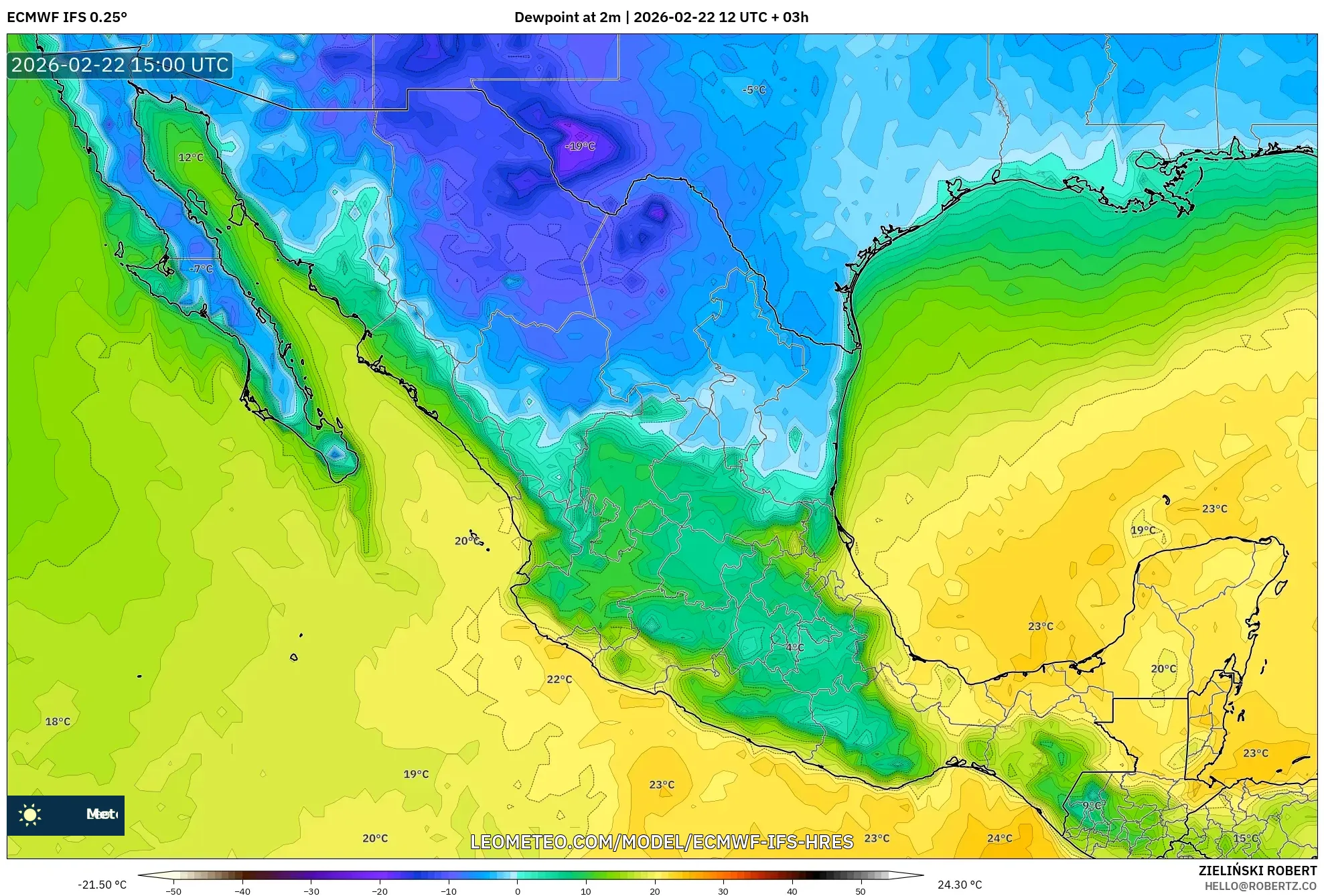 ECMWF IFS 0.25° model - المكسيك, نقطة الندى 2 م