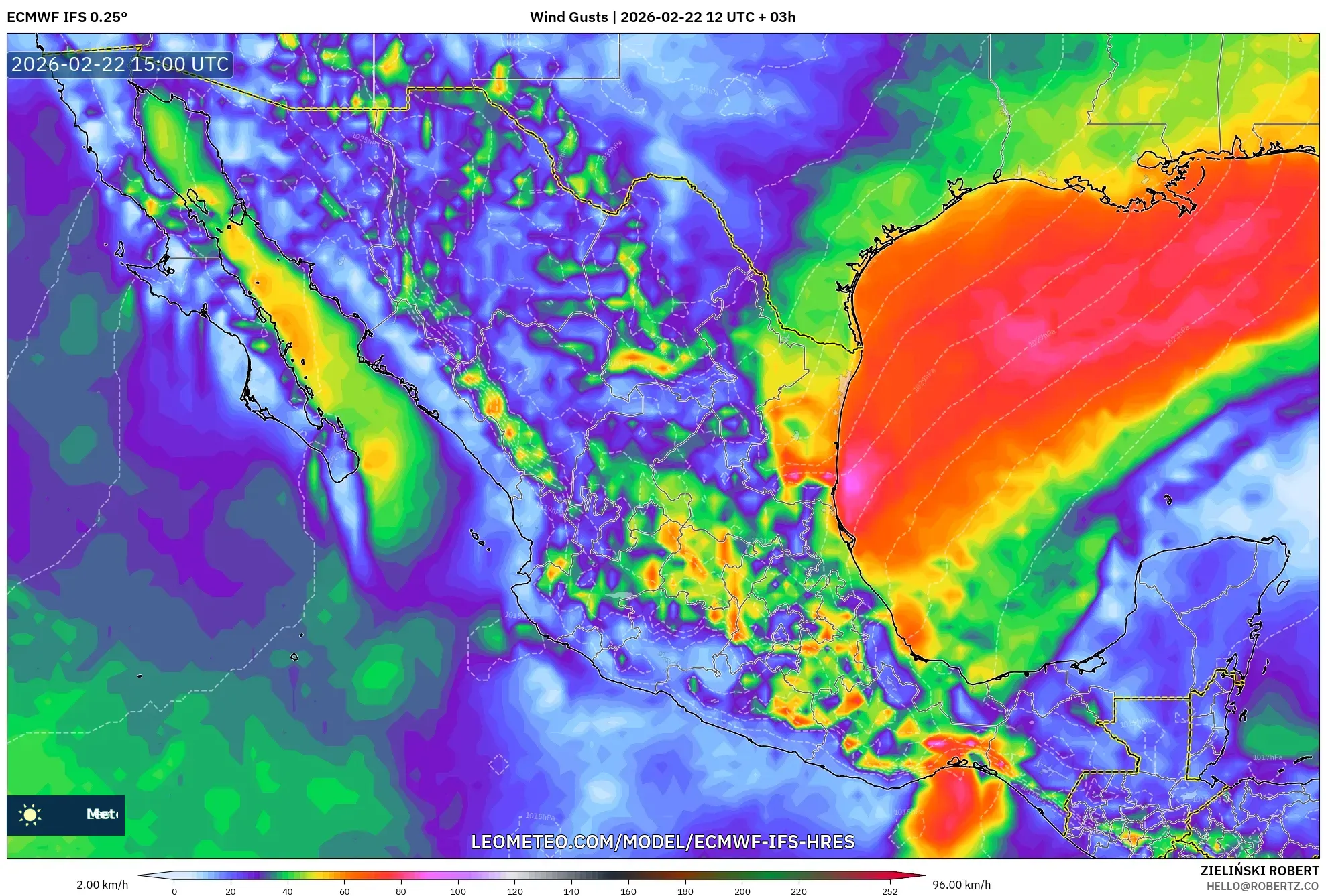 ECMWF IFS 0.25° model - المكسيك, هبات الرياح