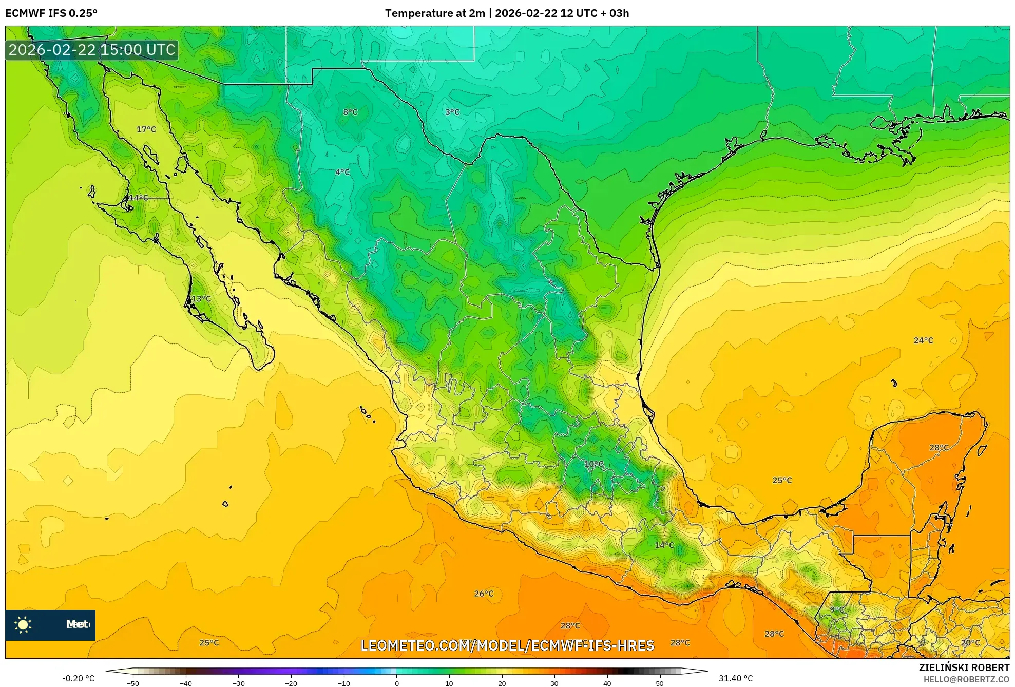ECMWF IFS 0.25° model - المكسيك, درجة الحرارة على ارتفاع 2 م