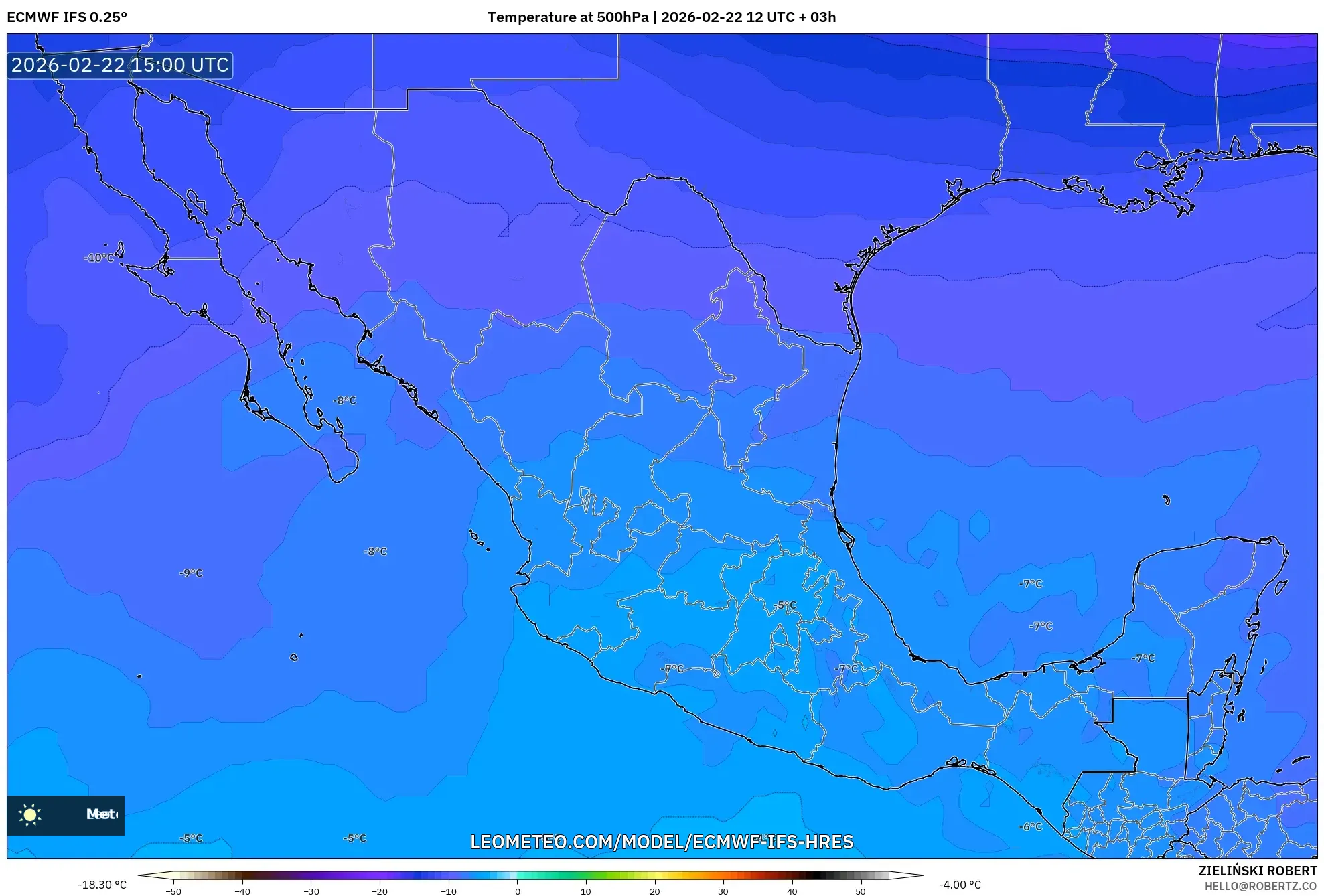ECMWF IFS 0.25° model - المكسيك, درجة الحرارة 500 hPa