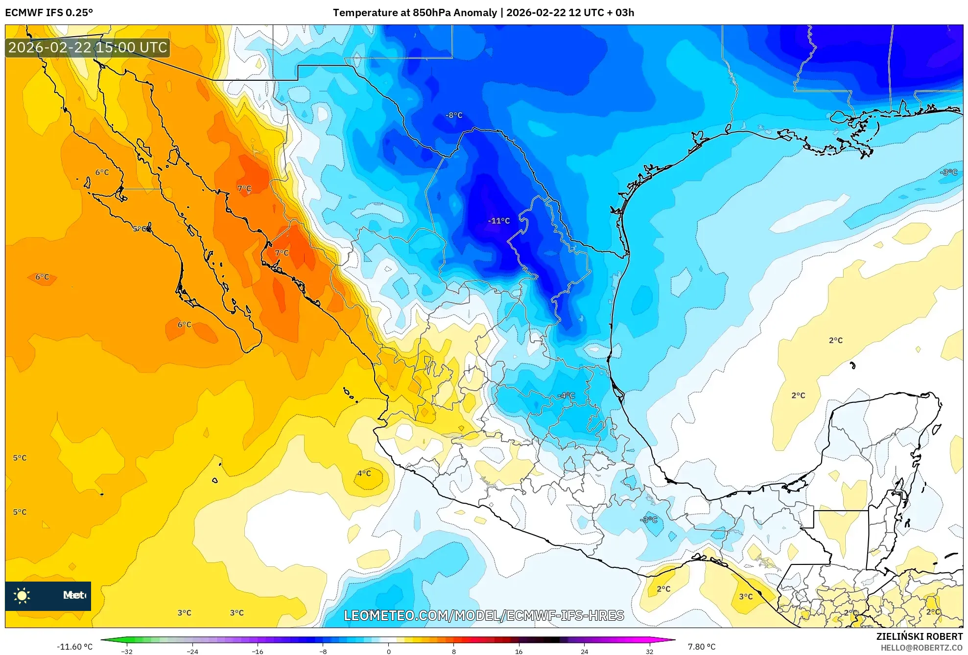 ECMWF IFS 0.25° model - المكسيك, انحراف درجة الحرارة 850 hPa