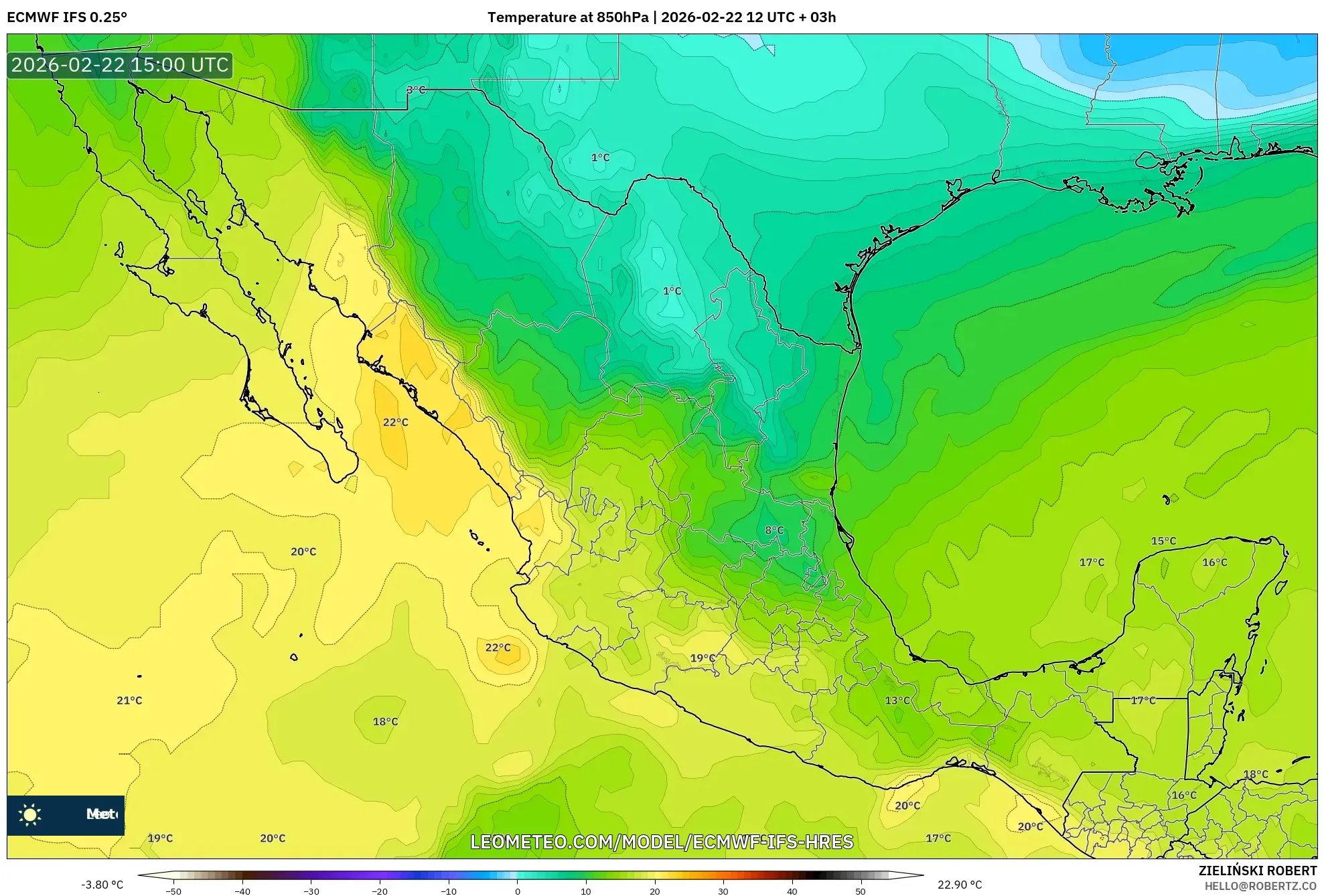 ECMWF IFS 0.25° model - المكسيك, درجة الحرارة 850 hPa