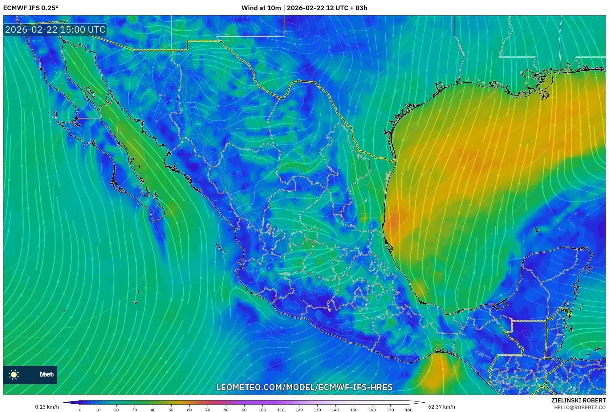 ECMWF IFS 0.25° model - المكسيك, رياح 10 م