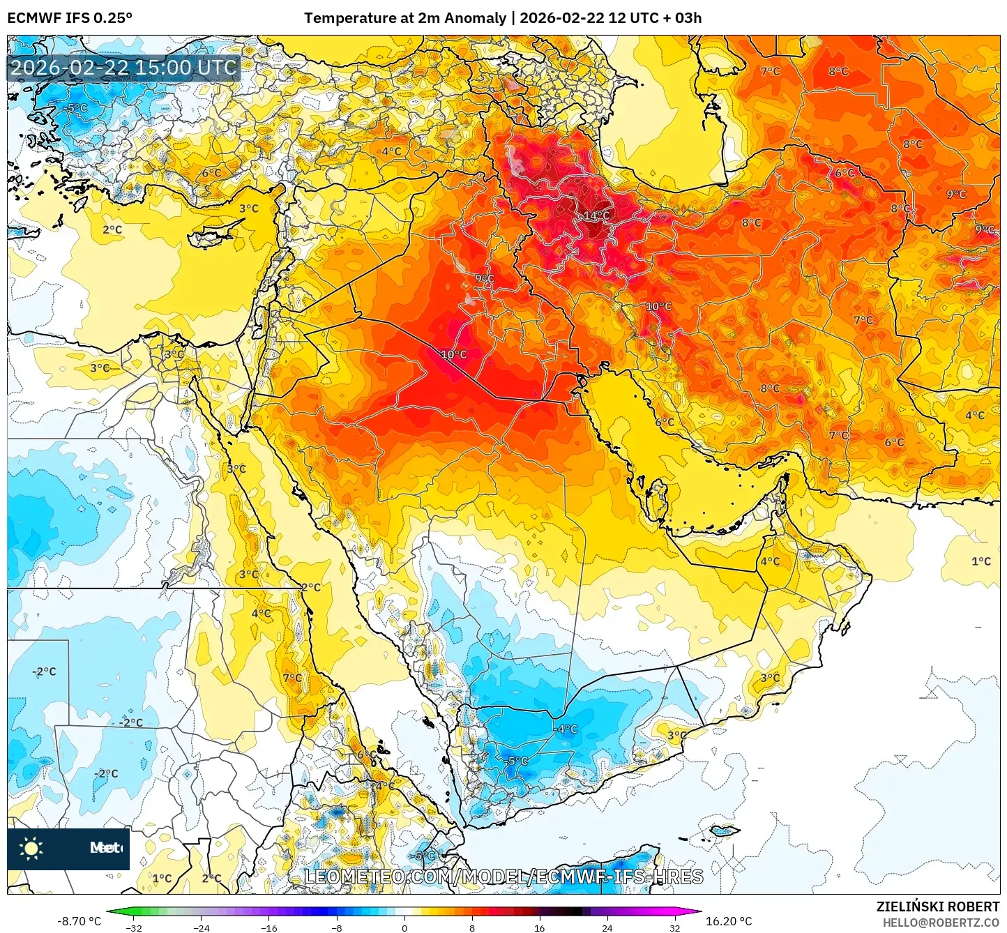 ECMWF IFS 0.25° model - الشرق الأوسط, انحراف درجة الحرارة 2 م