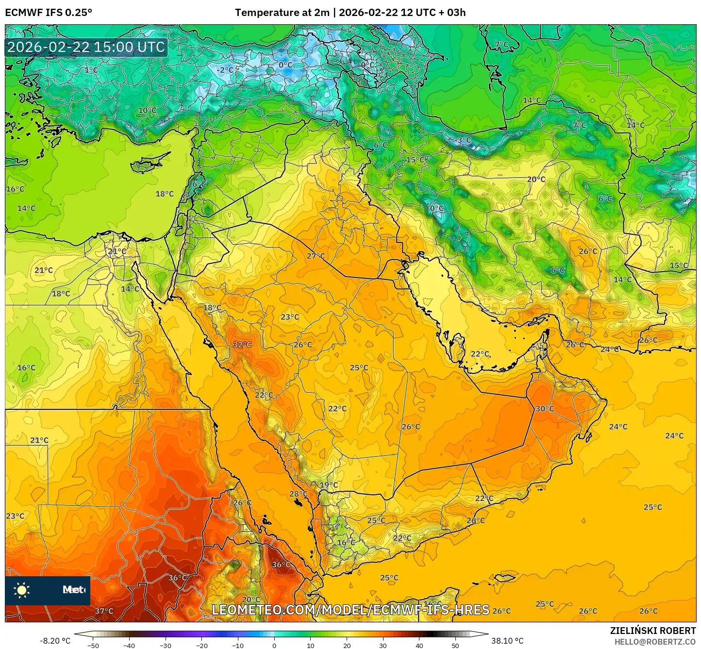ECMWF IFS 0.25° model - الشرق الأوسط, درجة الحرارة على ارتفاع 2 م