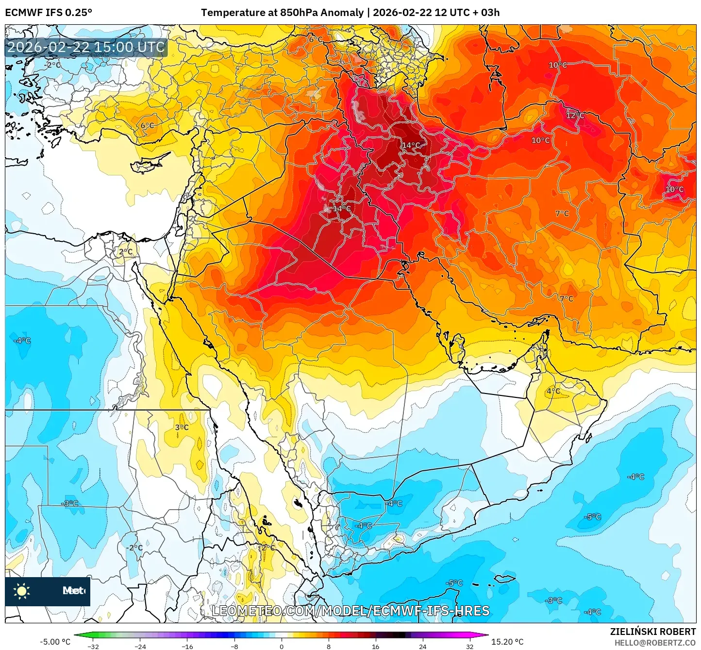 ECMWF IFS 0.25° model - الشرق الأوسط, انحراف درجة الحرارة 850 hPa