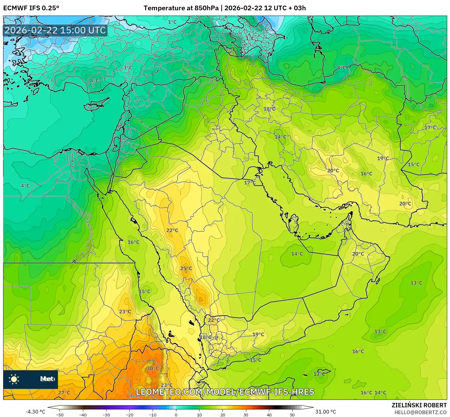 ECMWF IFS 0.25° model - الشرق الأوسط, درجة الحرارة 850 hPa