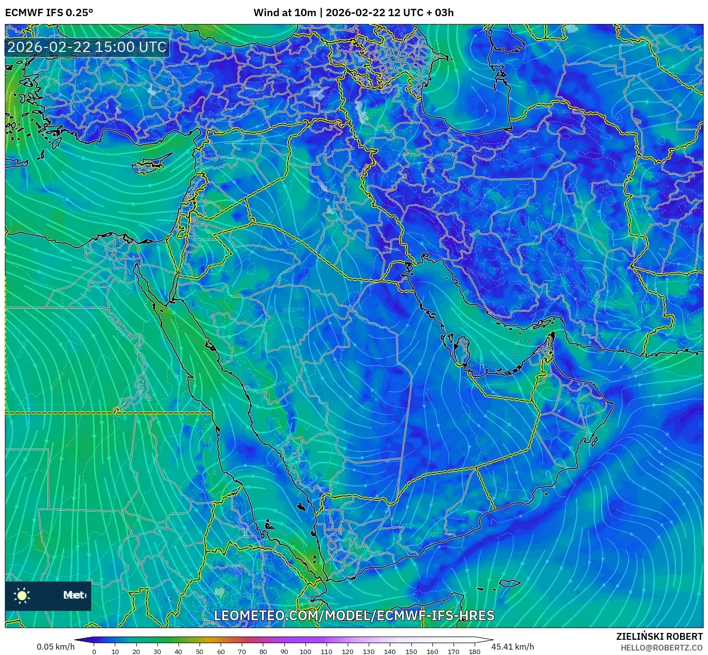 ECMWF IFS 0.25° model - الشرق الأوسط, رياح 10 م