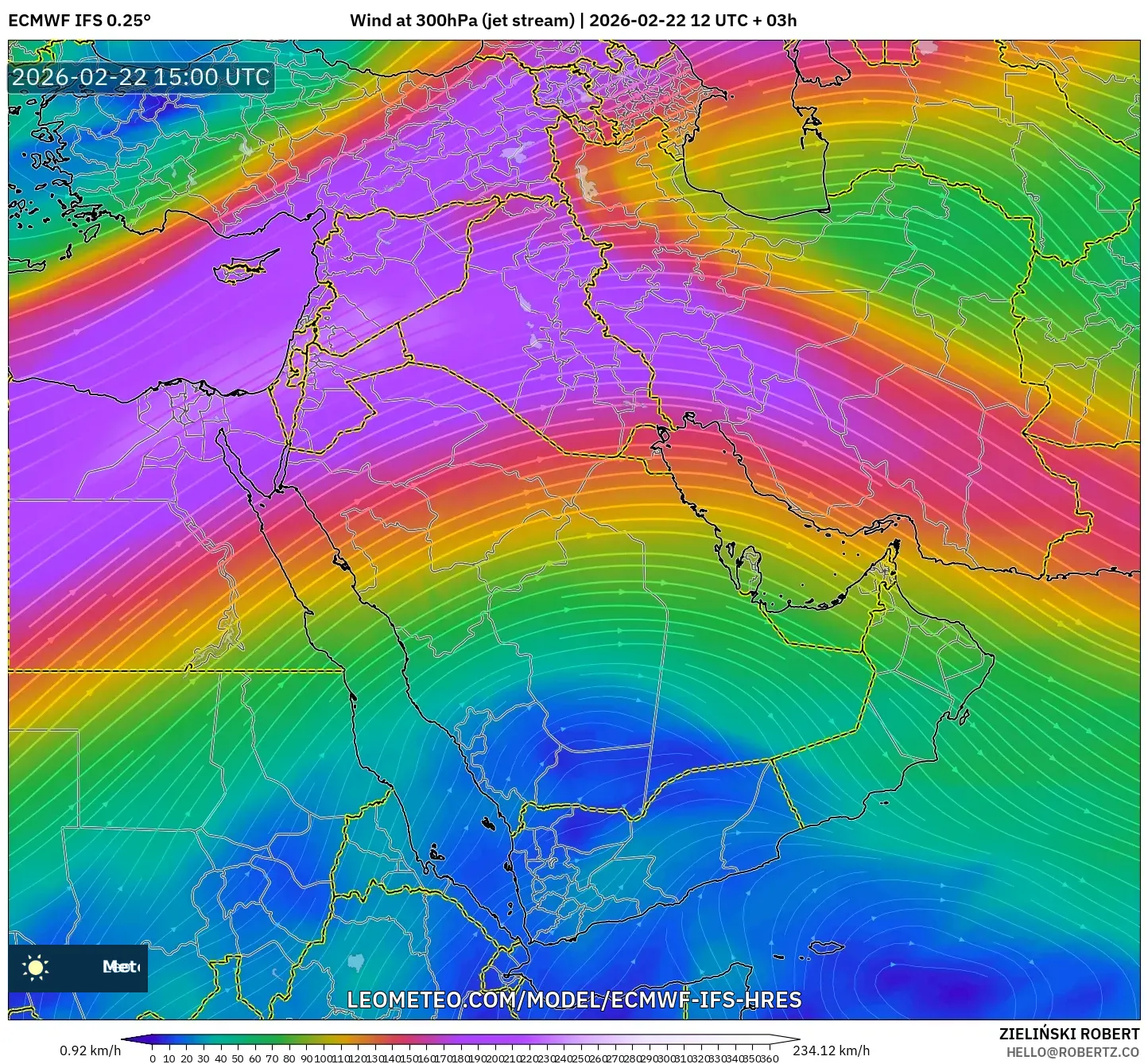 ECMWF IFS 0.25° model - الشرق الأوسط, رياح 300 hPa (تيار نفاث)
