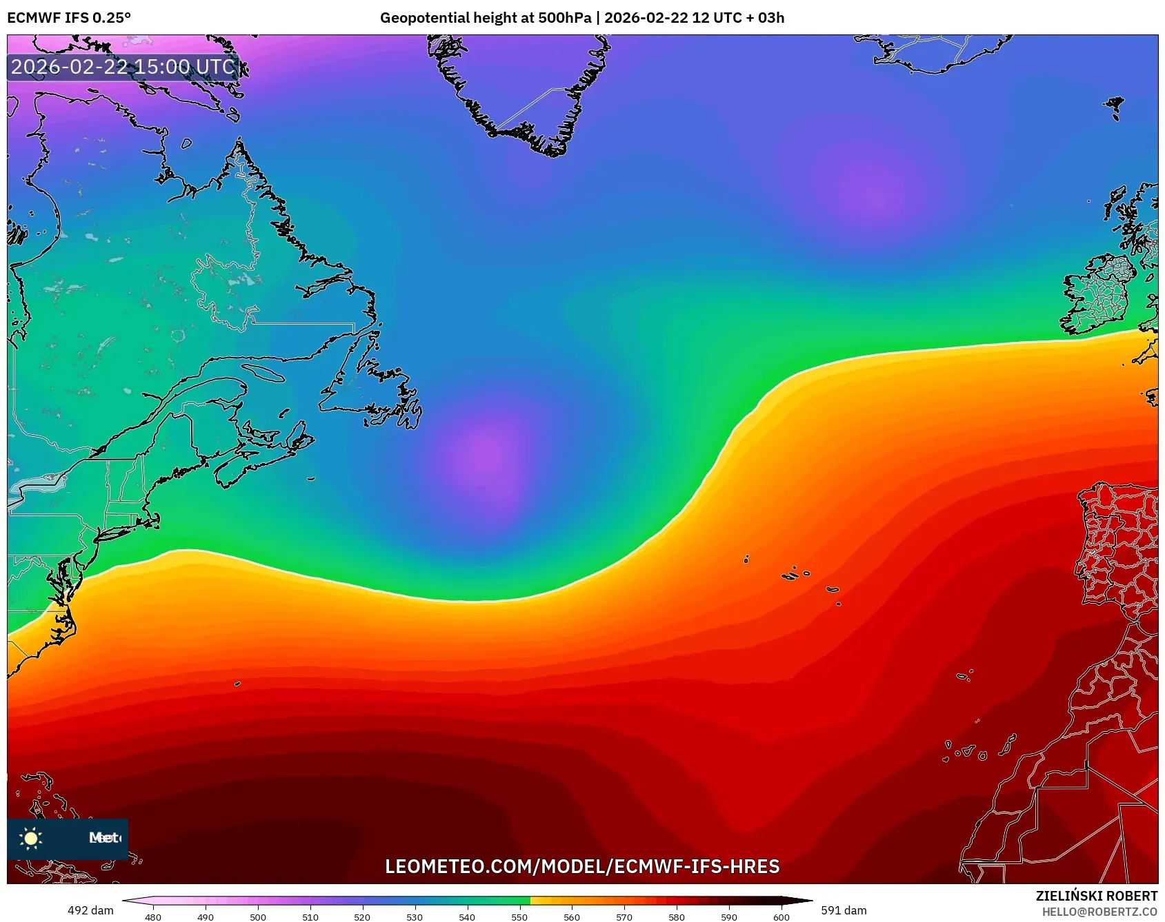 ECMWF IFS 0.25° model - شمال الأطلسي, الارتفاع الجهدي عند 500 هكتوباسكال