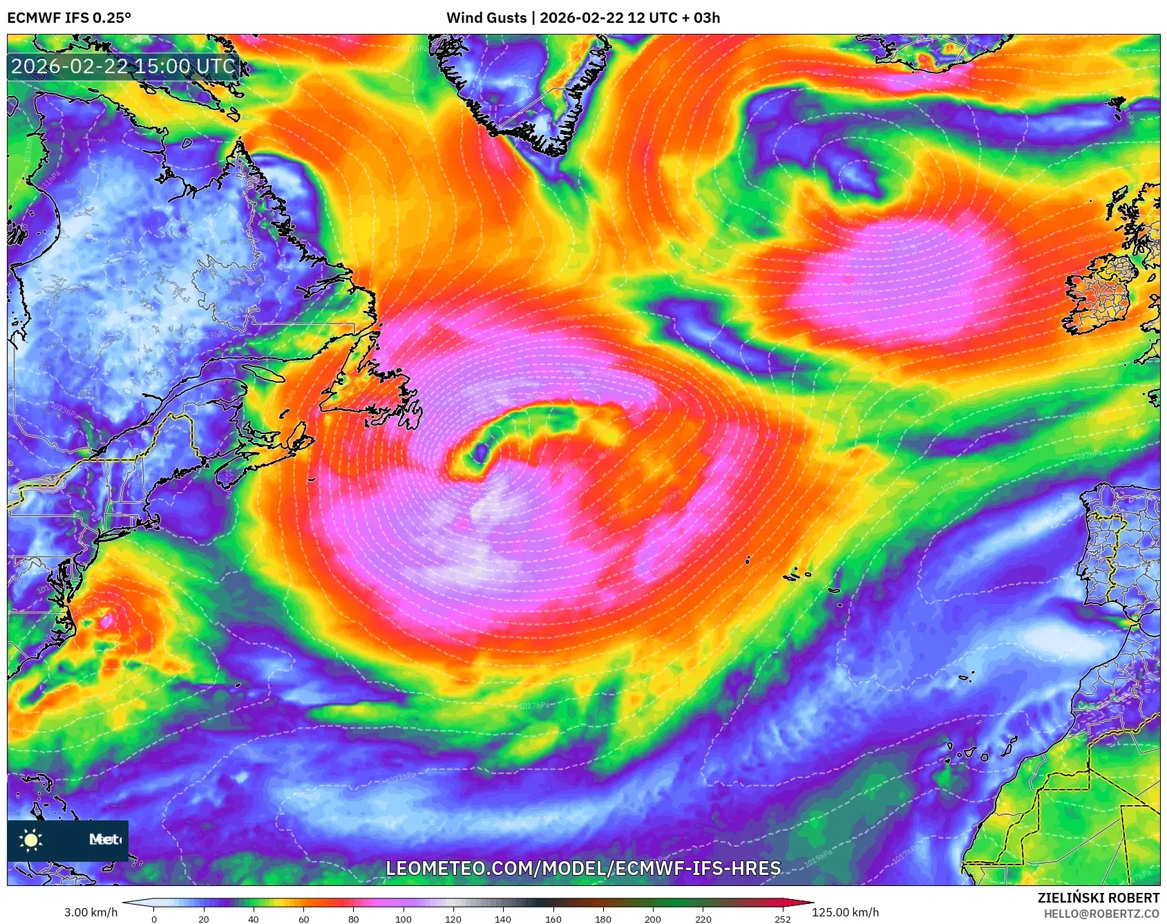 ECMWF IFS 0.25° model - شمال الأطلسي, هبات الرياح