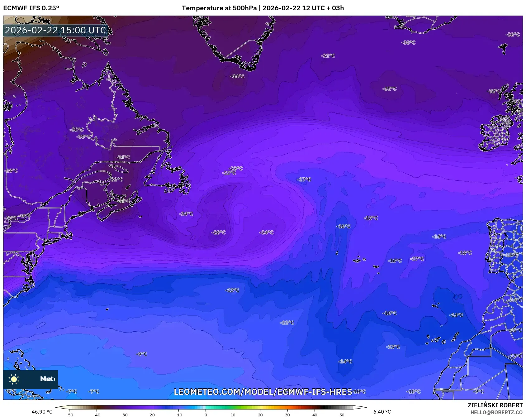 ECMWF IFS 0.25° model - شمال الأطلسي, درجة الحرارة 500 hPa