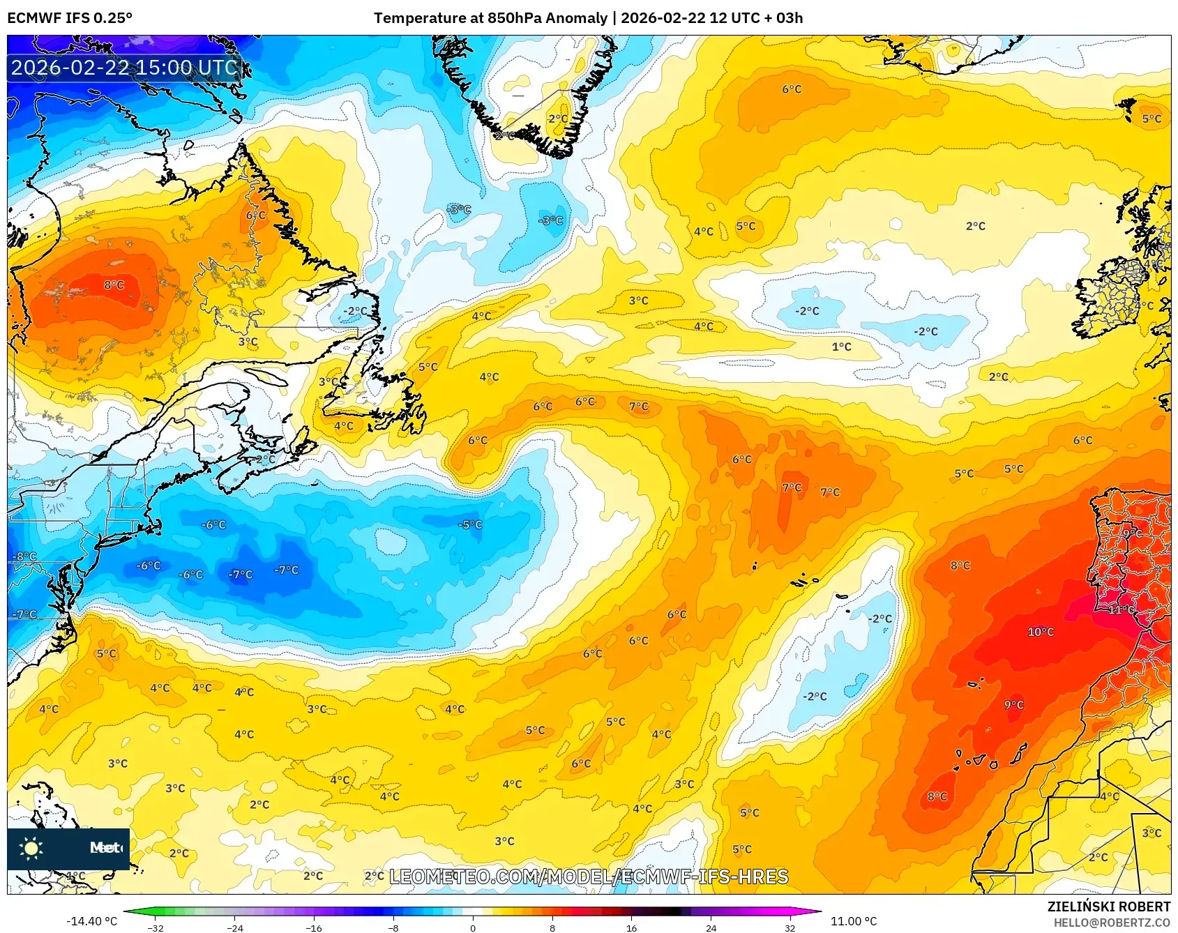 ECMWF IFS 0.25° model - شمال الأطلسي, انحراف درجة الحرارة 850 hPa