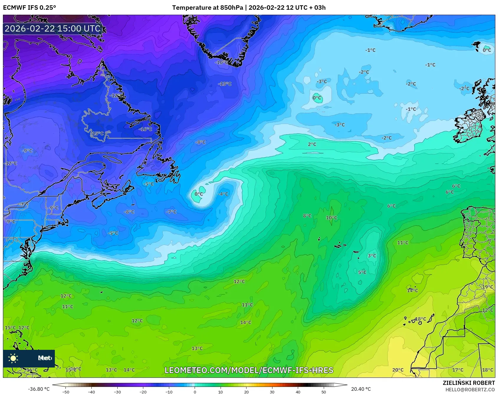 ECMWF IFS 0.25° model - شمال الأطلسي, درجة الحرارة 850 hPa
