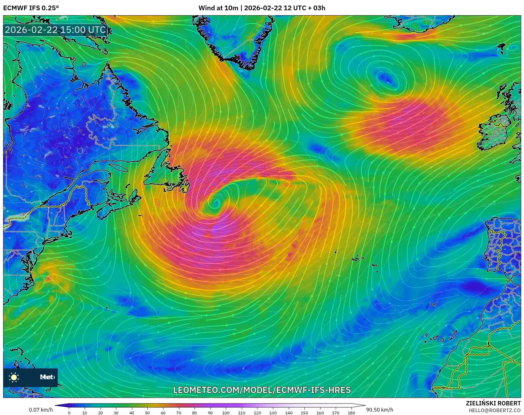 ECMWF IFS 0.25° model - شمال الأطلسي, رياح 10 م