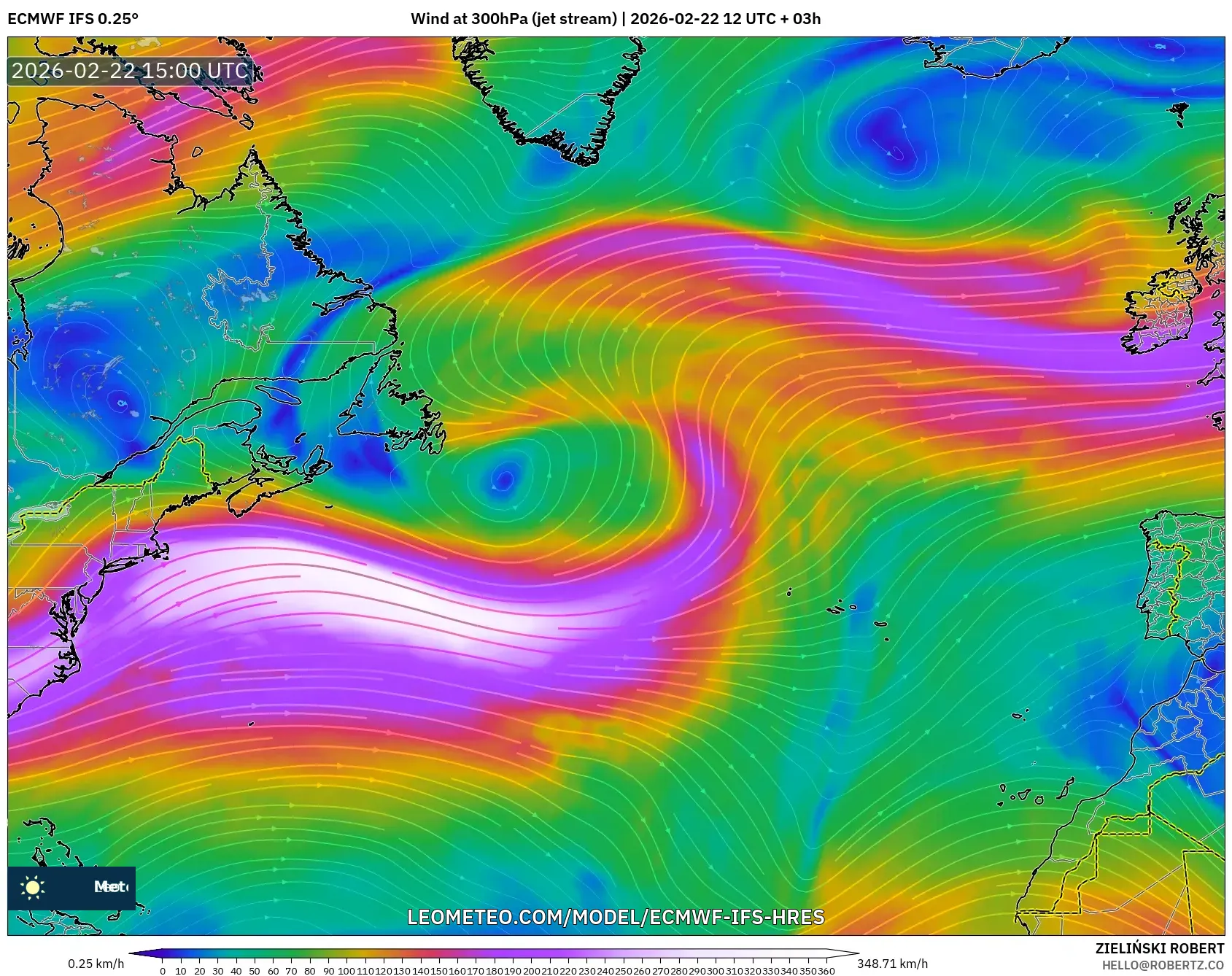 ECMWF IFS 0.25° model - شمال الأطلسي, رياح 300 hPa (تيار نفاث)