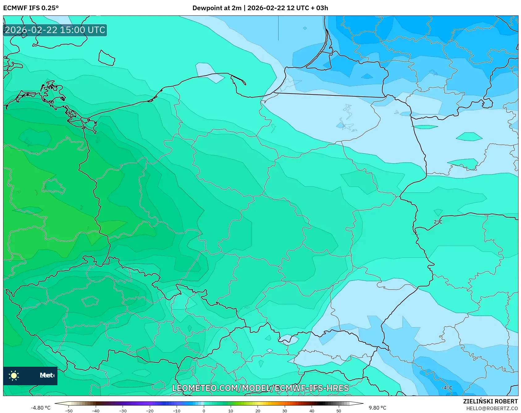ECMWF IFS 0.25° model - بولندا, نقطة الندى 2 م