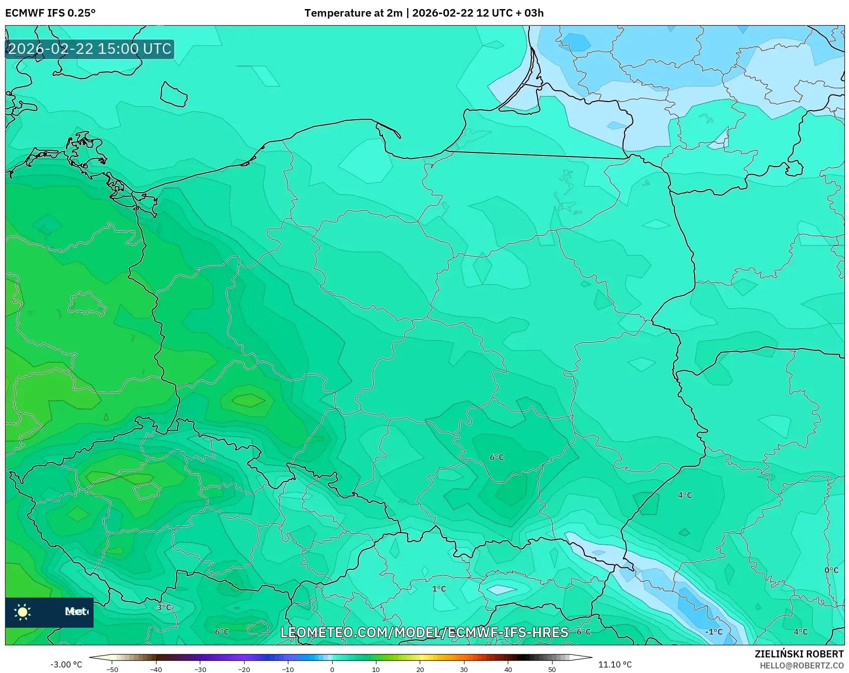 ECMWF IFS 0.25° model - بولندا, درجة الحرارة على ارتفاع 2 م