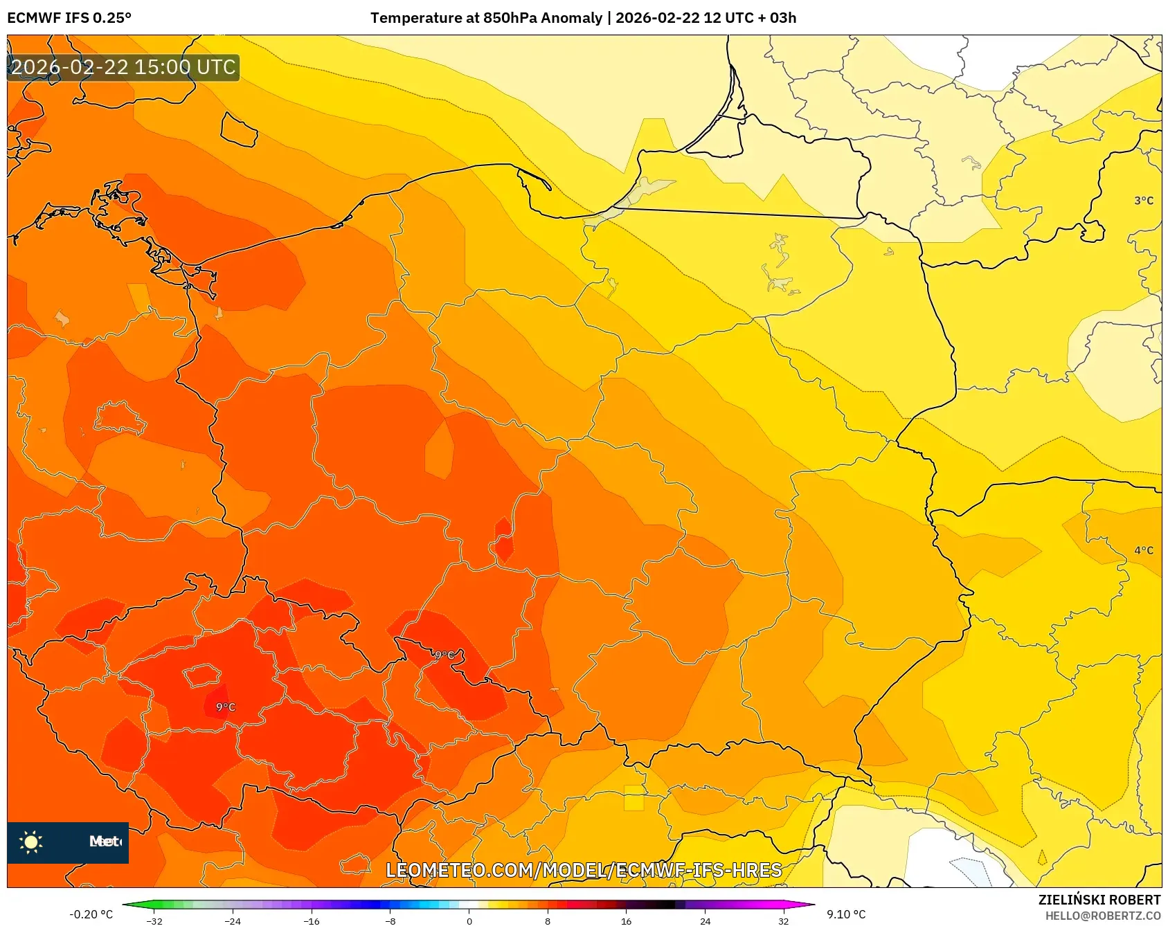 ECMWF IFS 0.25° model - بولندا, انحراف درجة الحرارة 850 hPa