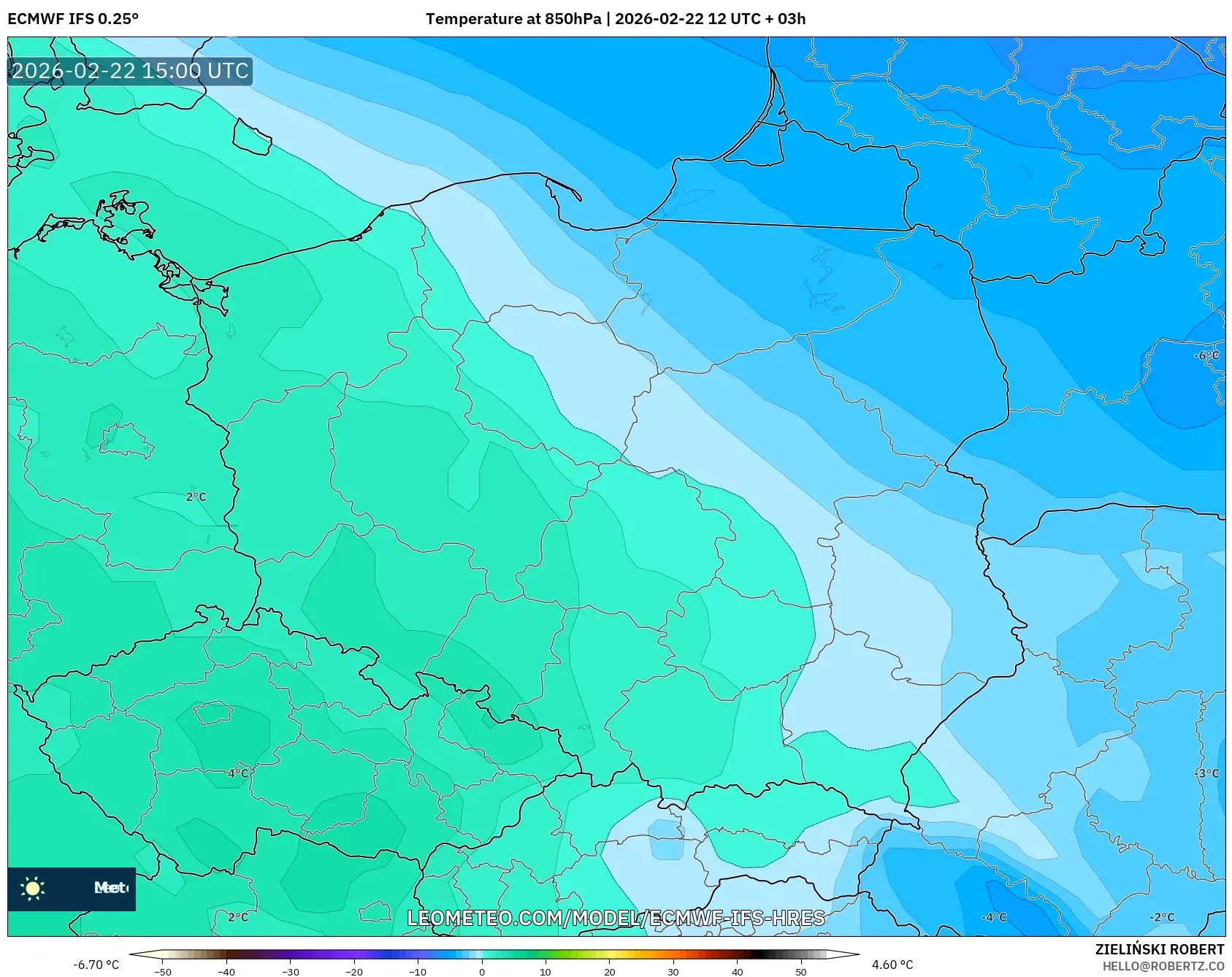 ECMWF IFS 0.25° model - بولندا, درجة الحرارة 850 hPa