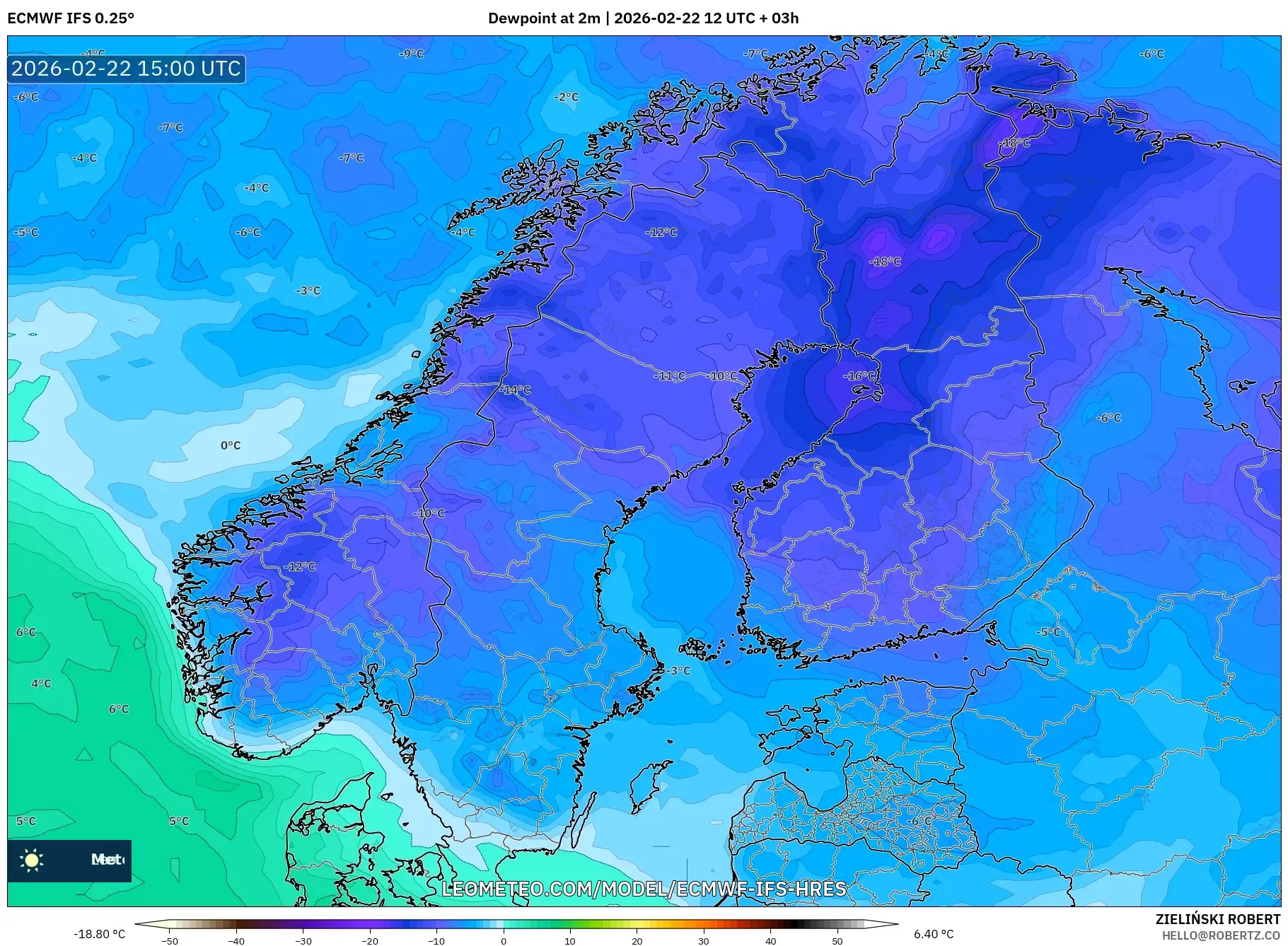 ECMWF IFS 0.25° model - إسكندنافيا, نقطة الندى 2 م