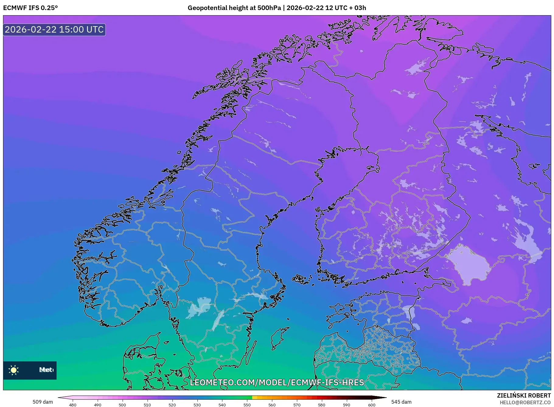 ECMWF IFS 0.25° model - إسكندنافيا, الارتفاع الجهدي عند 500 هكتوباسكال