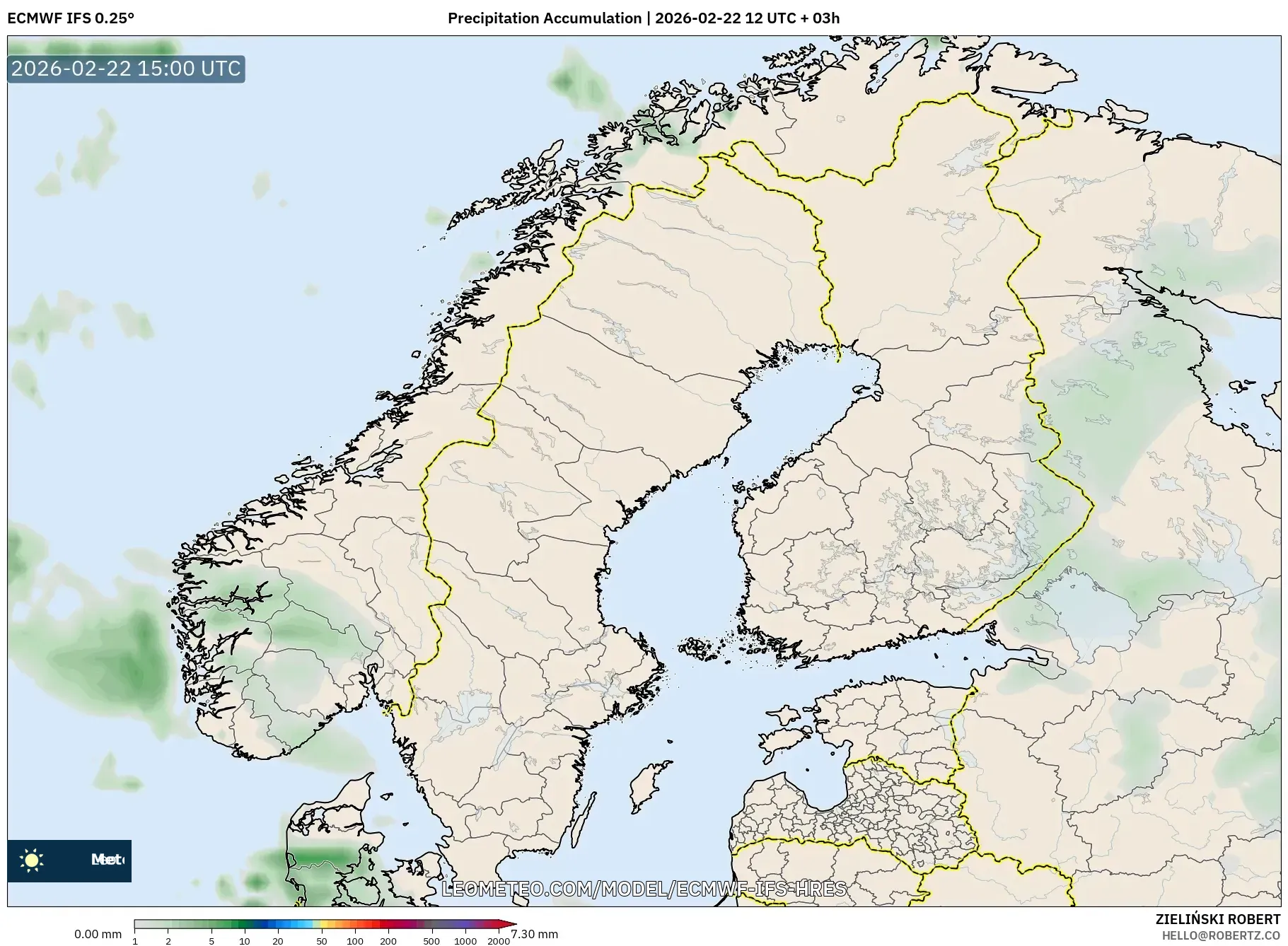 ECMWF IFS 0.25° model - إسكندنافيا, تراكم الهطول