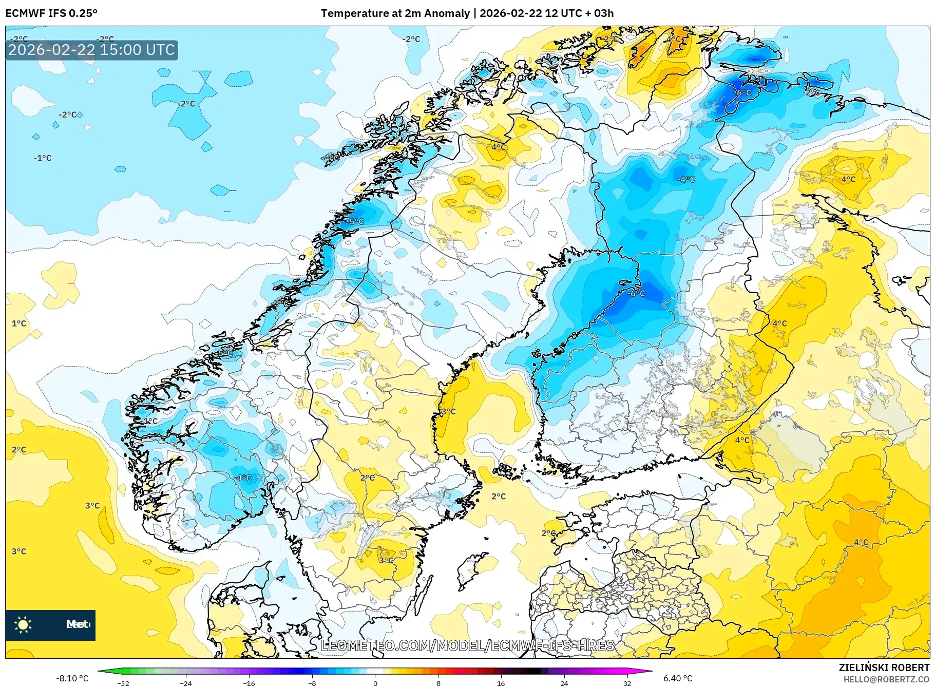 ECMWF IFS 0.25° model - إسكندنافيا, انحراف درجة الحرارة 2 م
