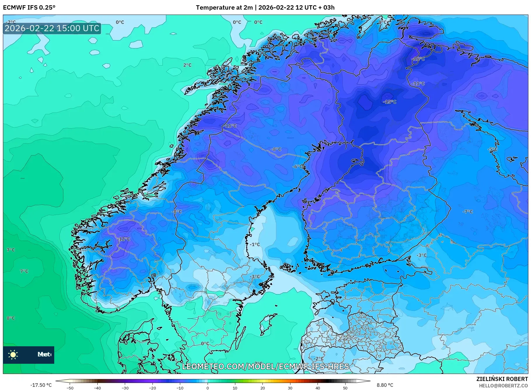 ECMWF IFS 0.25° model - إسكندنافيا, درجة الحرارة على ارتفاع 2 م