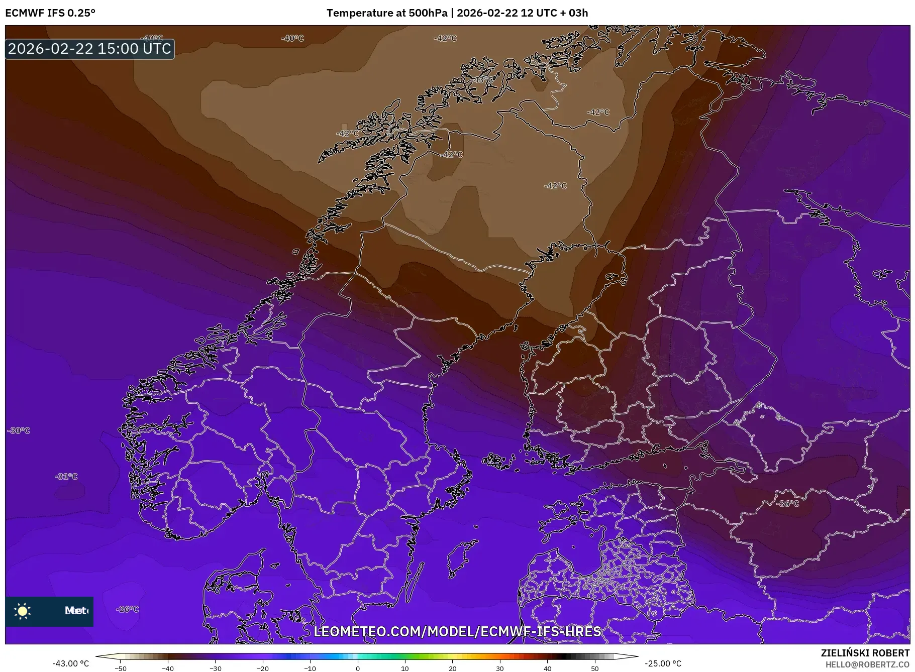 ECMWF IFS 0.25° model - إسكندنافيا, درجة الحرارة 500 hPa