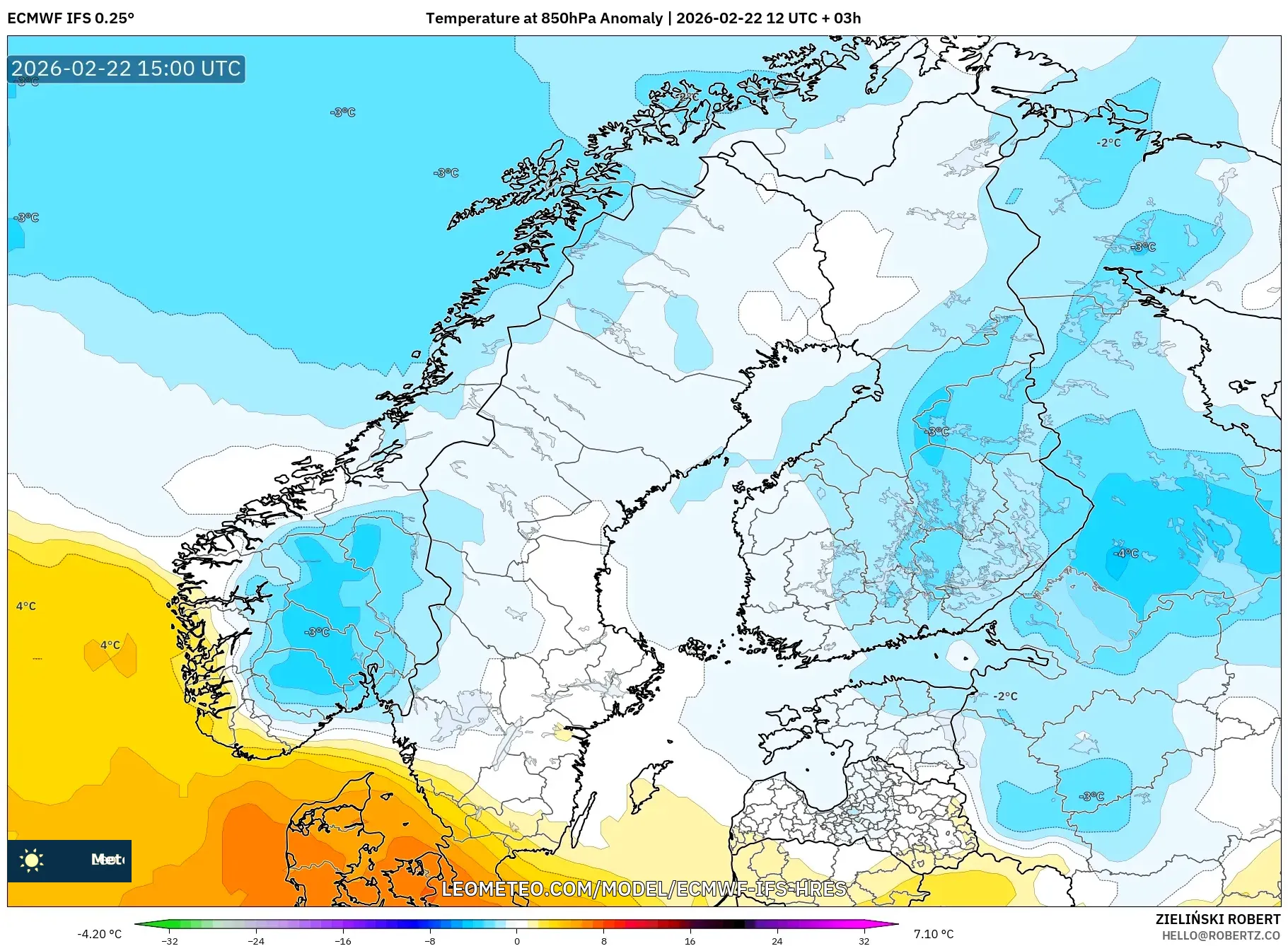 ECMWF IFS 0.25° model - إسكندنافيا, انحراف درجة الحرارة 850 hPa