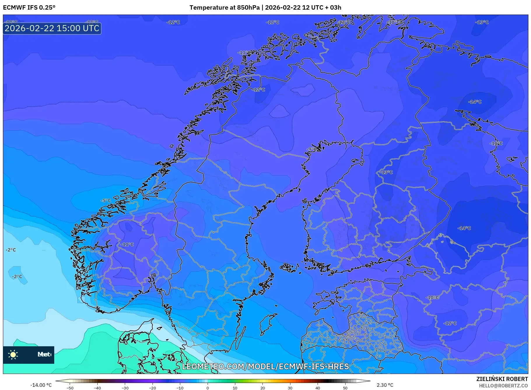 ECMWF IFS 0.25° model - إسكندنافيا, درجة الحرارة 850 hPa
