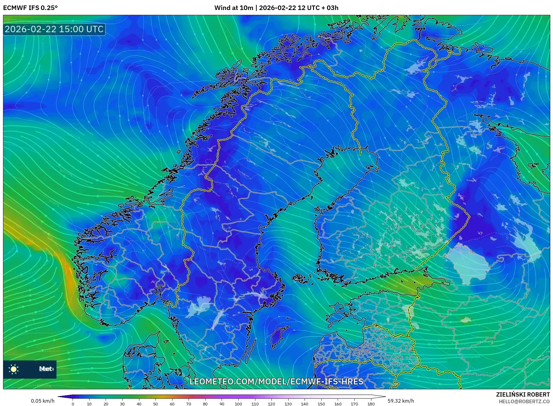 ECMWF IFS 0.25° model - إسكندنافيا, رياح 10 م