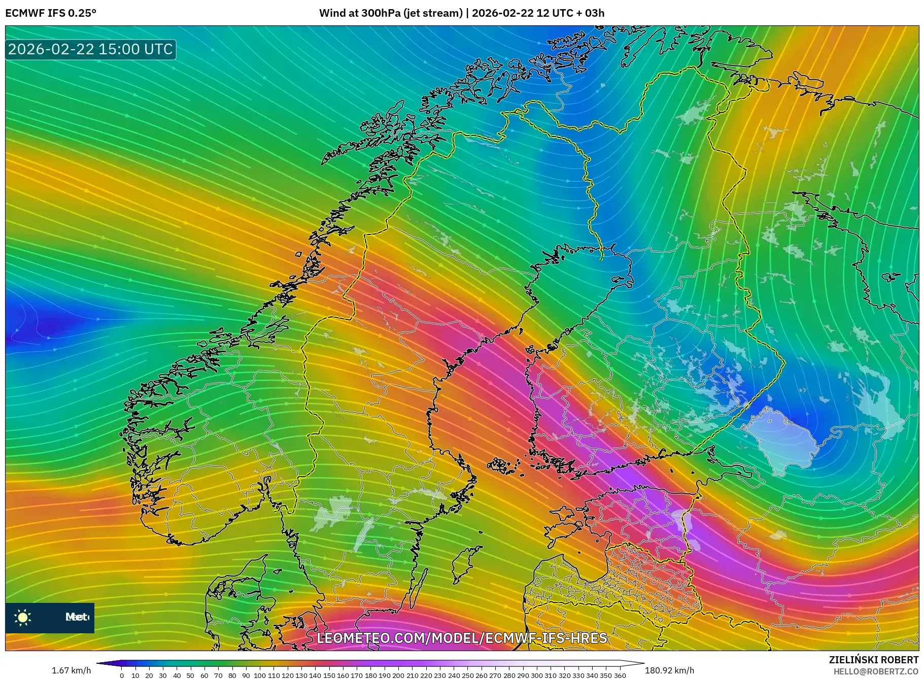 ECMWF IFS 0.25° model - إسكندنافيا, رياح 300 hPa (تيار نفاث)