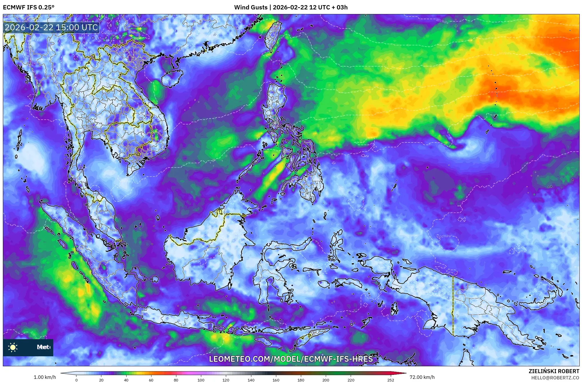 ECMWF IFS 0.25° model - جنوب شرق آسيا, هبات الرياح