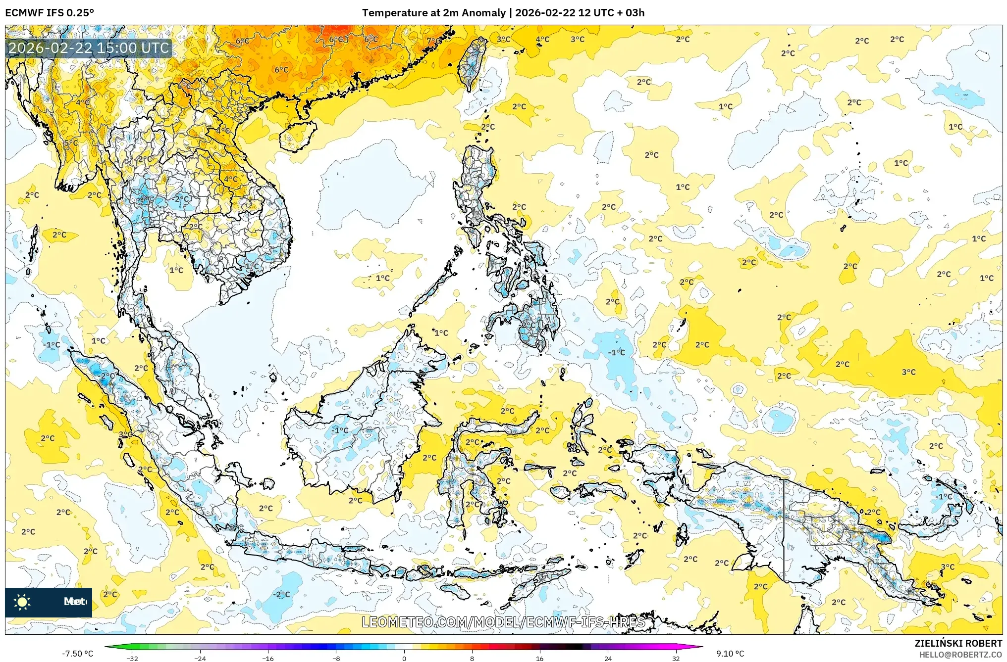 ECMWF IFS 0.25° model - جنوب شرق آسيا, انحراف درجة الحرارة 2 م