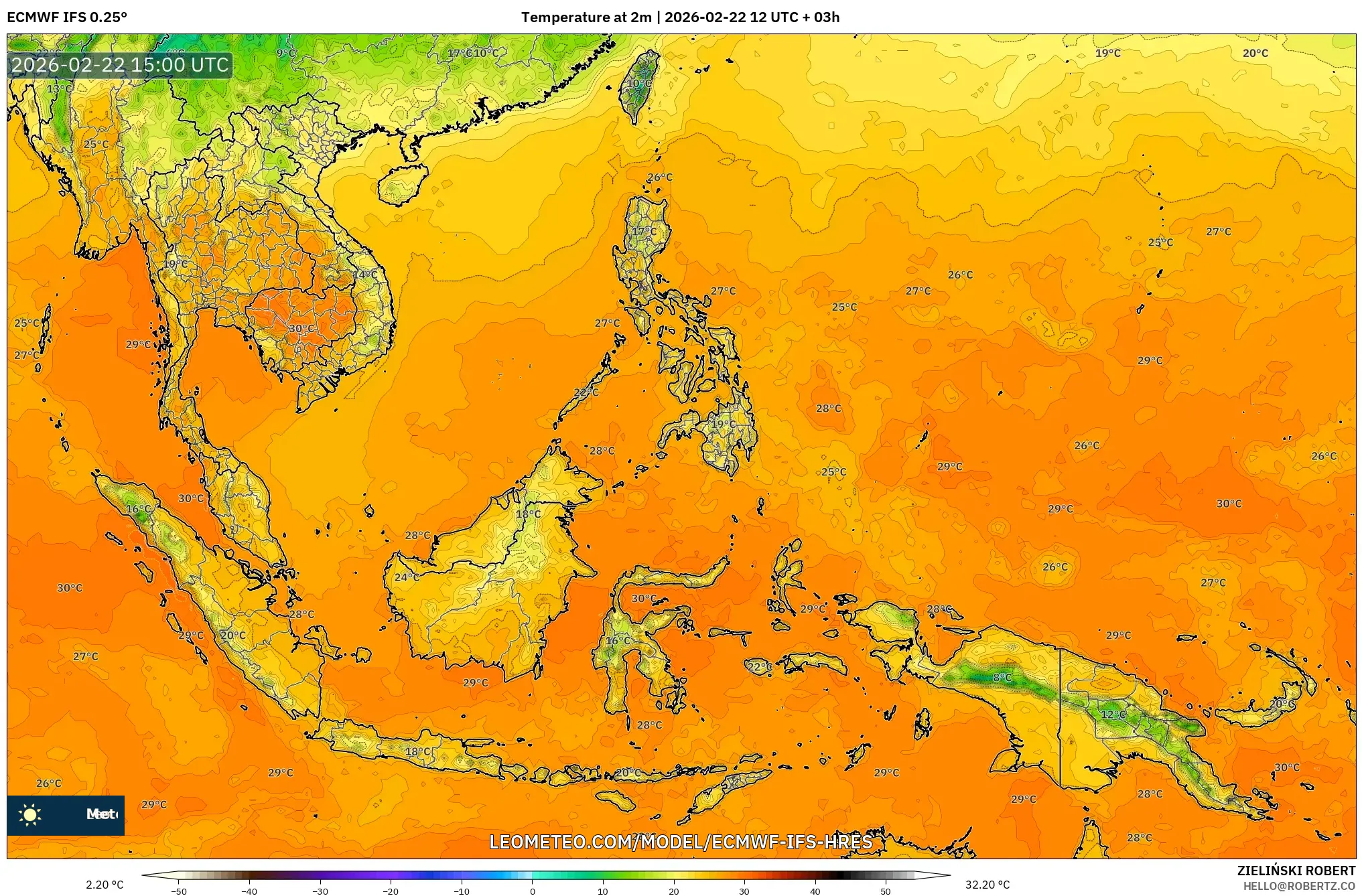ECMWF IFS 0.25° model - جنوب شرق آسيا, درجة الحرارة على ارتفاع 2 م