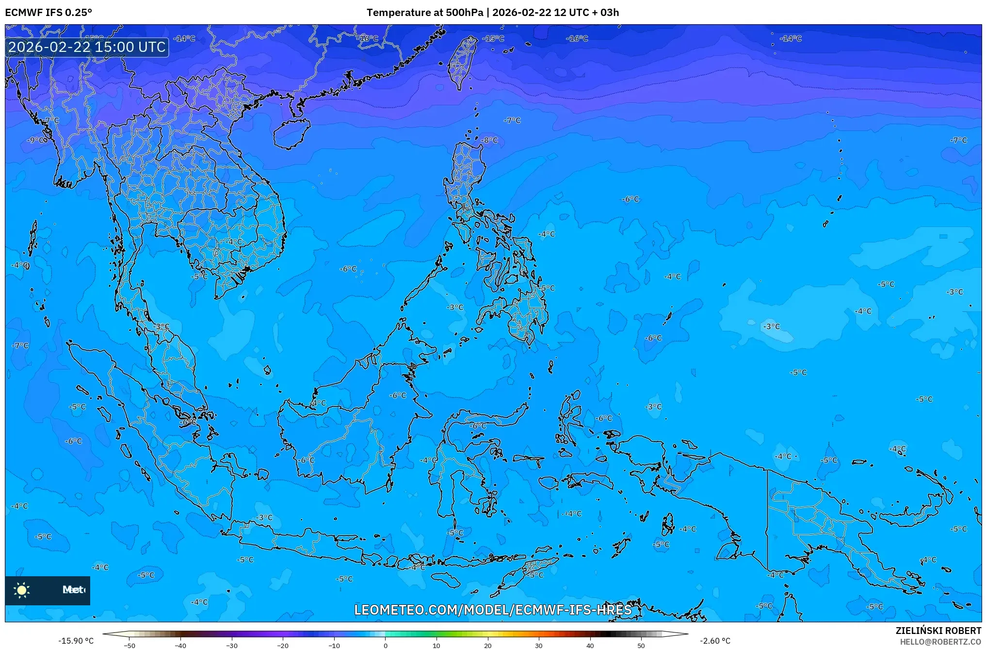 ECMWF IFS 0.25° model - جنوب شرق آسيا, درجة الحرارة 500 hPa