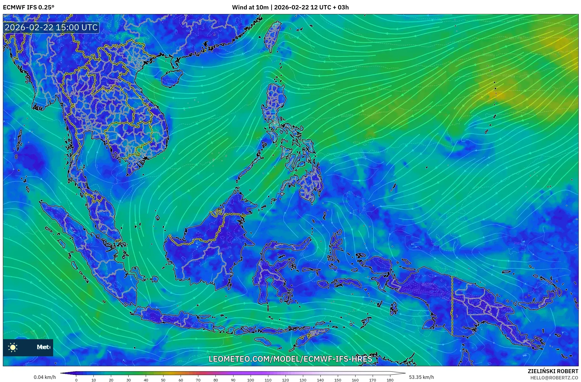 ECMWF IFS 0.25° model - جنوب شرق آسيا, رياح 10 م