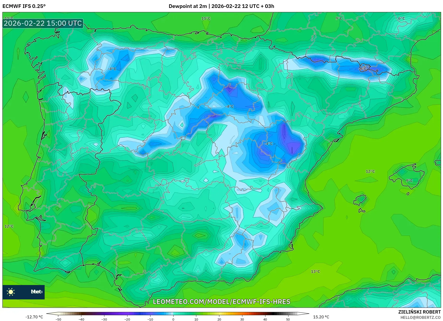 ECMWF IFS 0.25° model - إسبانيا, نقطة الندى 2 م