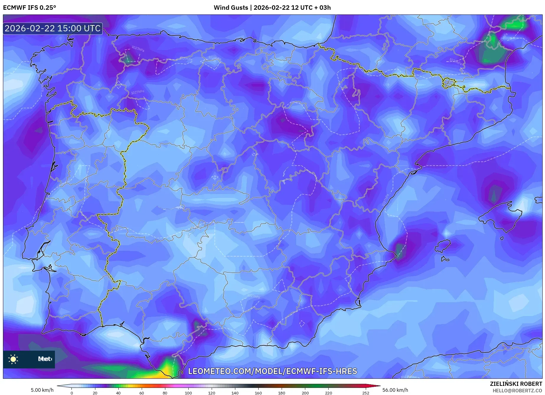 ECMWF IFS 0.25° model - إسبانيا, هبات الرياح