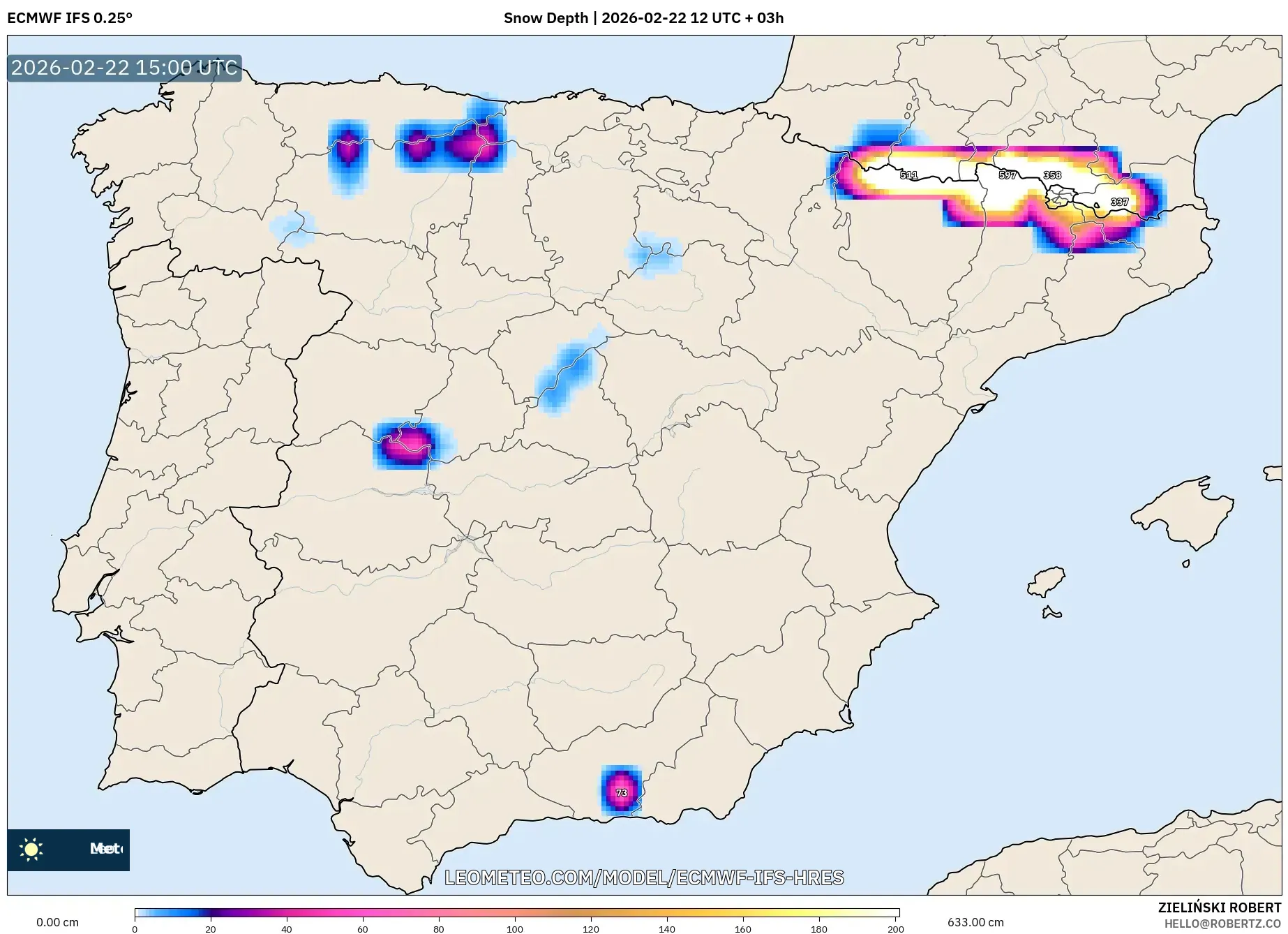 ECMWF IFS 0.25° model - إسبانيا, عمق الثلج