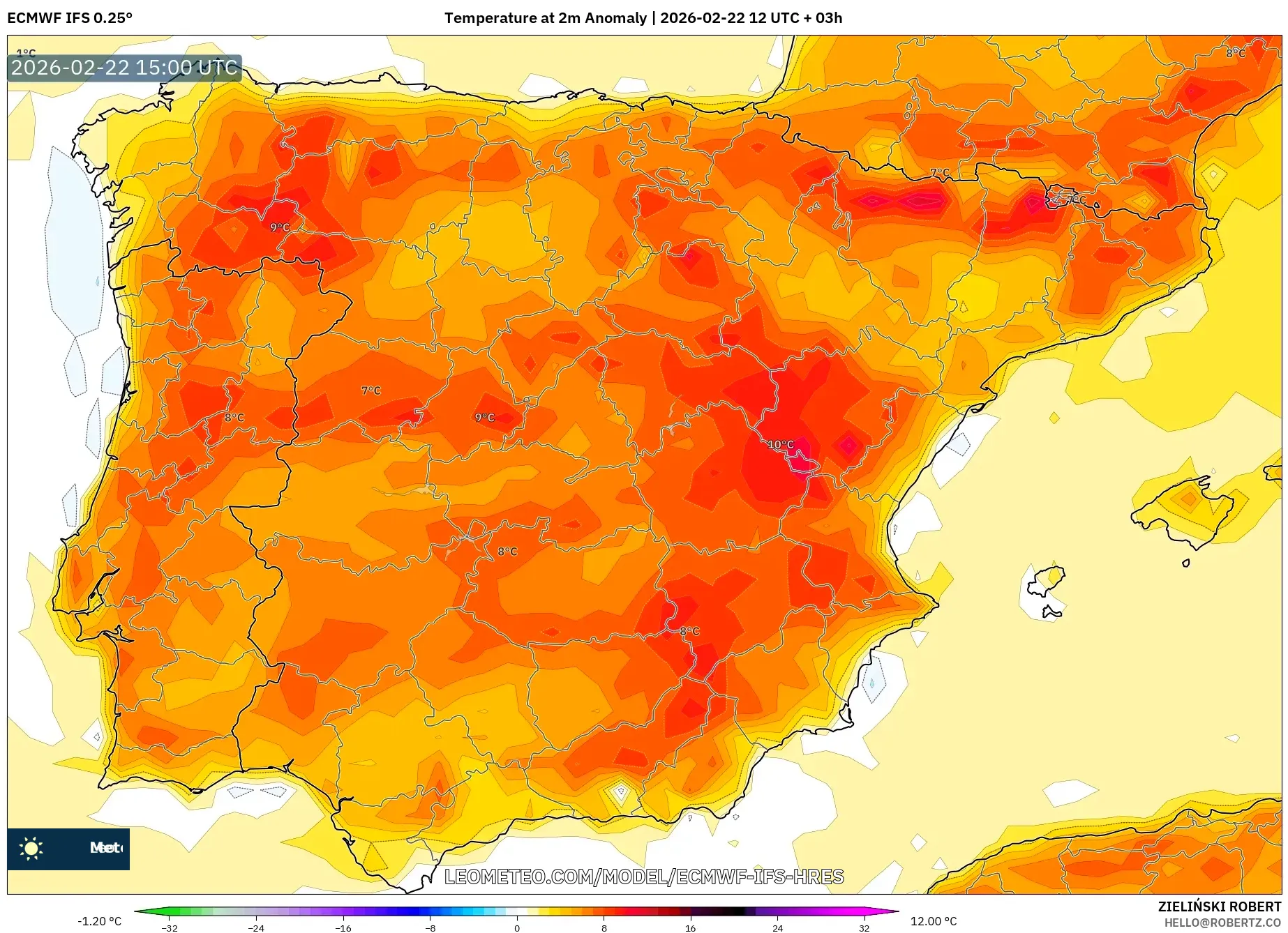 ECMWF IFS 0.25° model - إسبانيا, انحراف درجة الحرارة 2 م