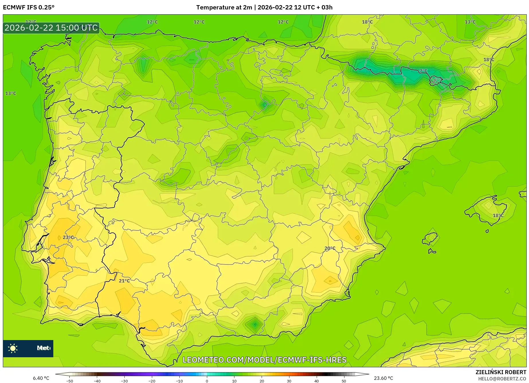 ECMWF IFS 0.25° model - إسبانيا, درجة الحرارة على ارتفاع 2 م